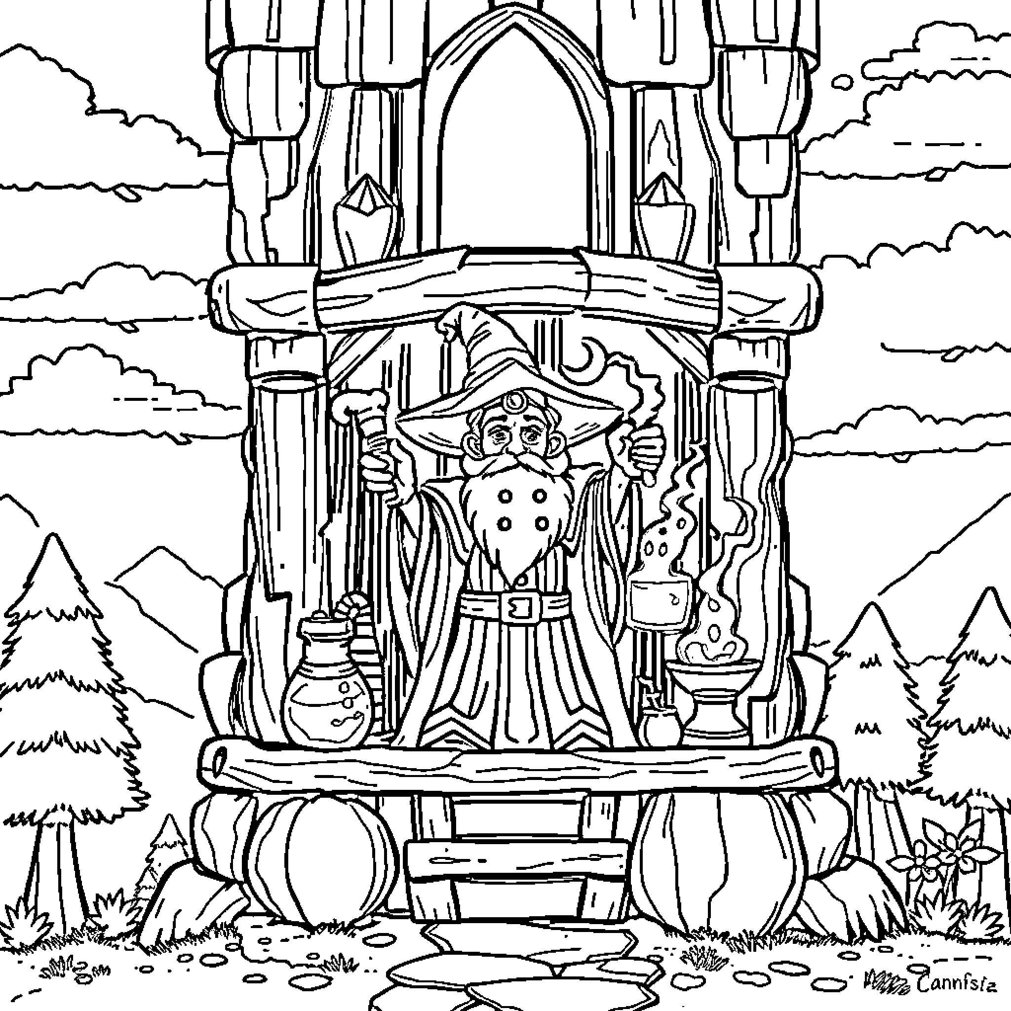 Wizard casting spells in enchanted forest Coloring Page (free black-and-white line drawing printable PDF for all, from beginners to advanced learners, including children, teens, adults, and seniors)