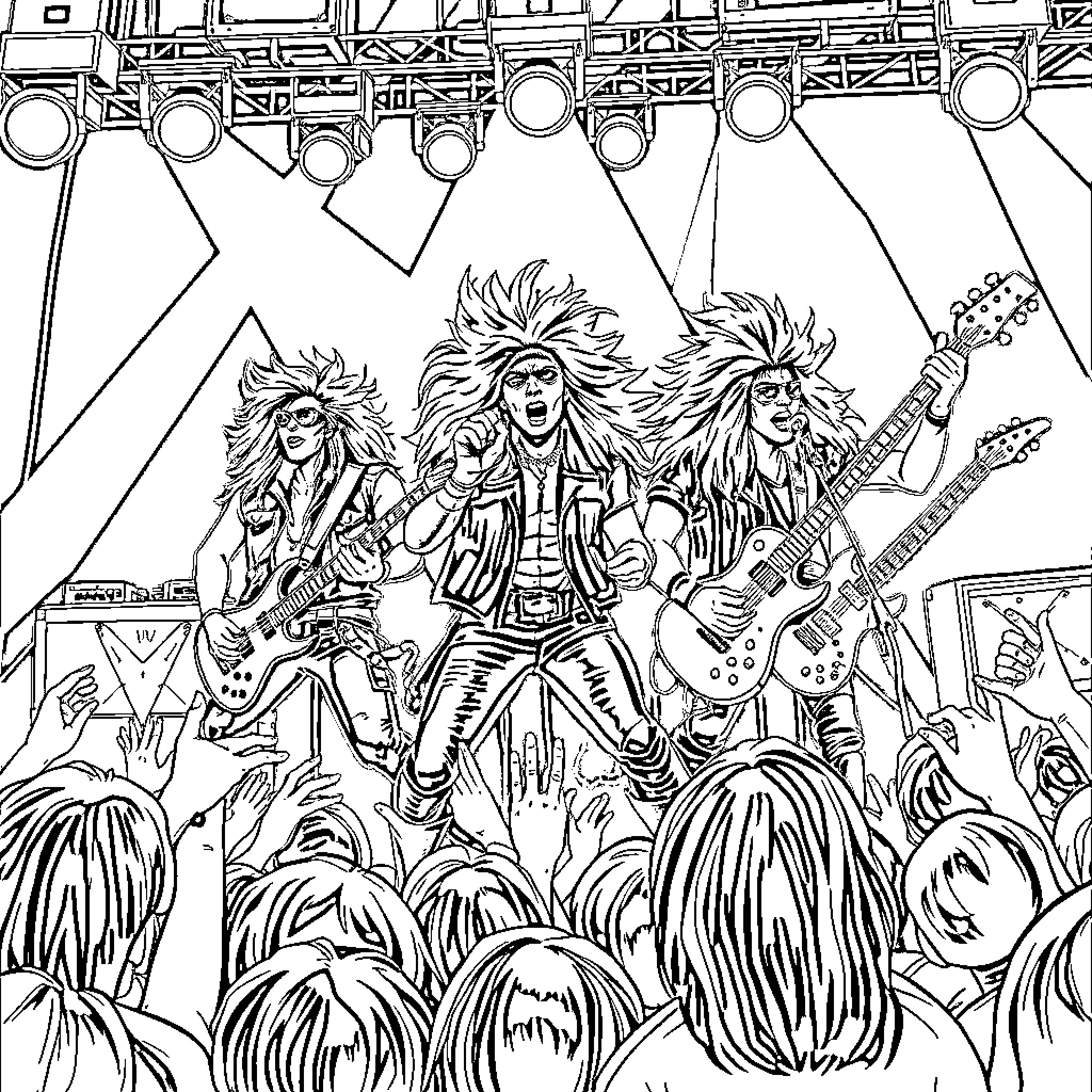 Rock Band Performing Energetic Show for Enthusiastic Crowd Coloring Page (free black-and-white line drawing printable PDF for all, from beginners to advanced learners, including children, teens, adults, and seniors)