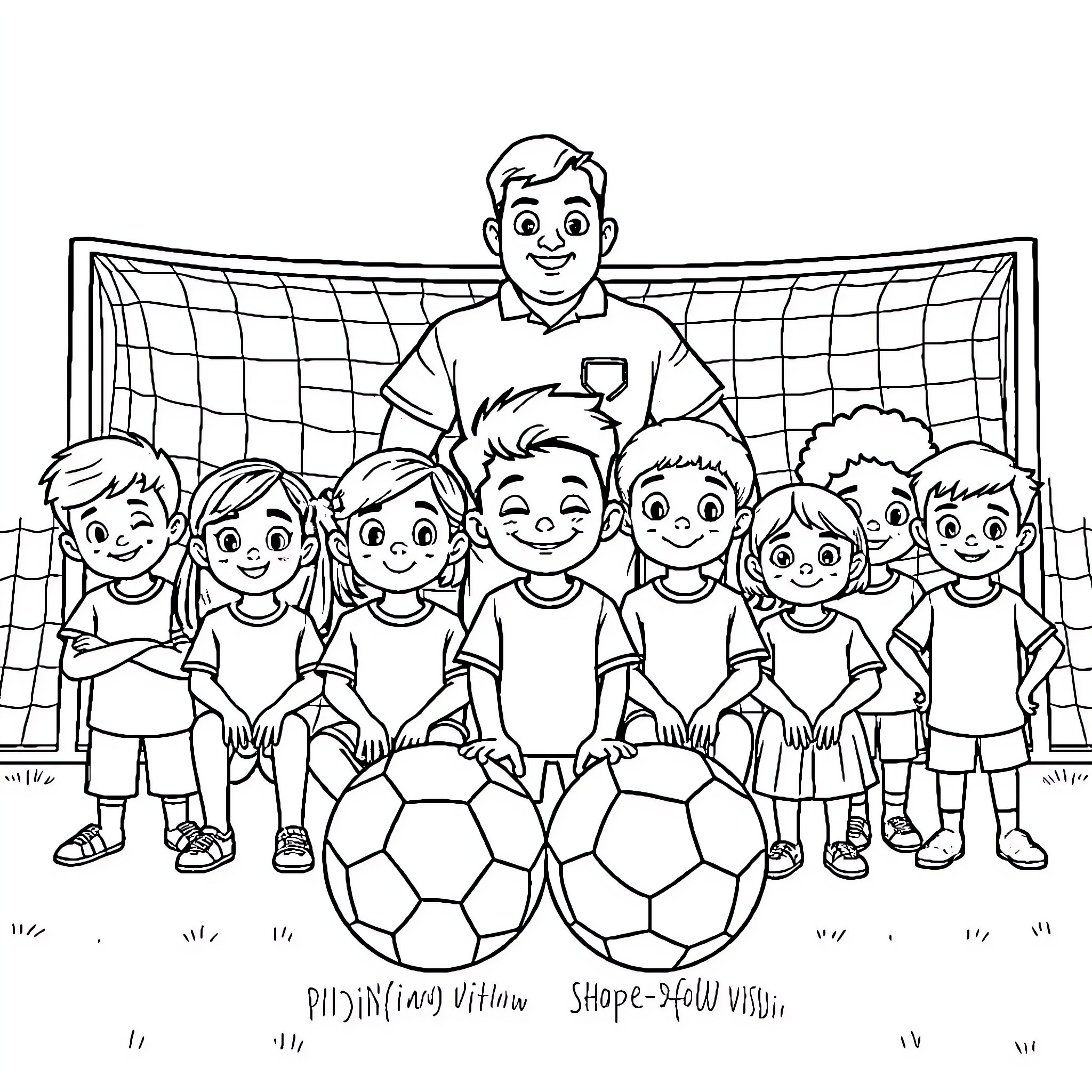 Child athletes playing soccer on field Coloring Page (free black-and-white line drawing printable PDF for all, from beginners to advanced learners, including children, teens, adults, and seniors)