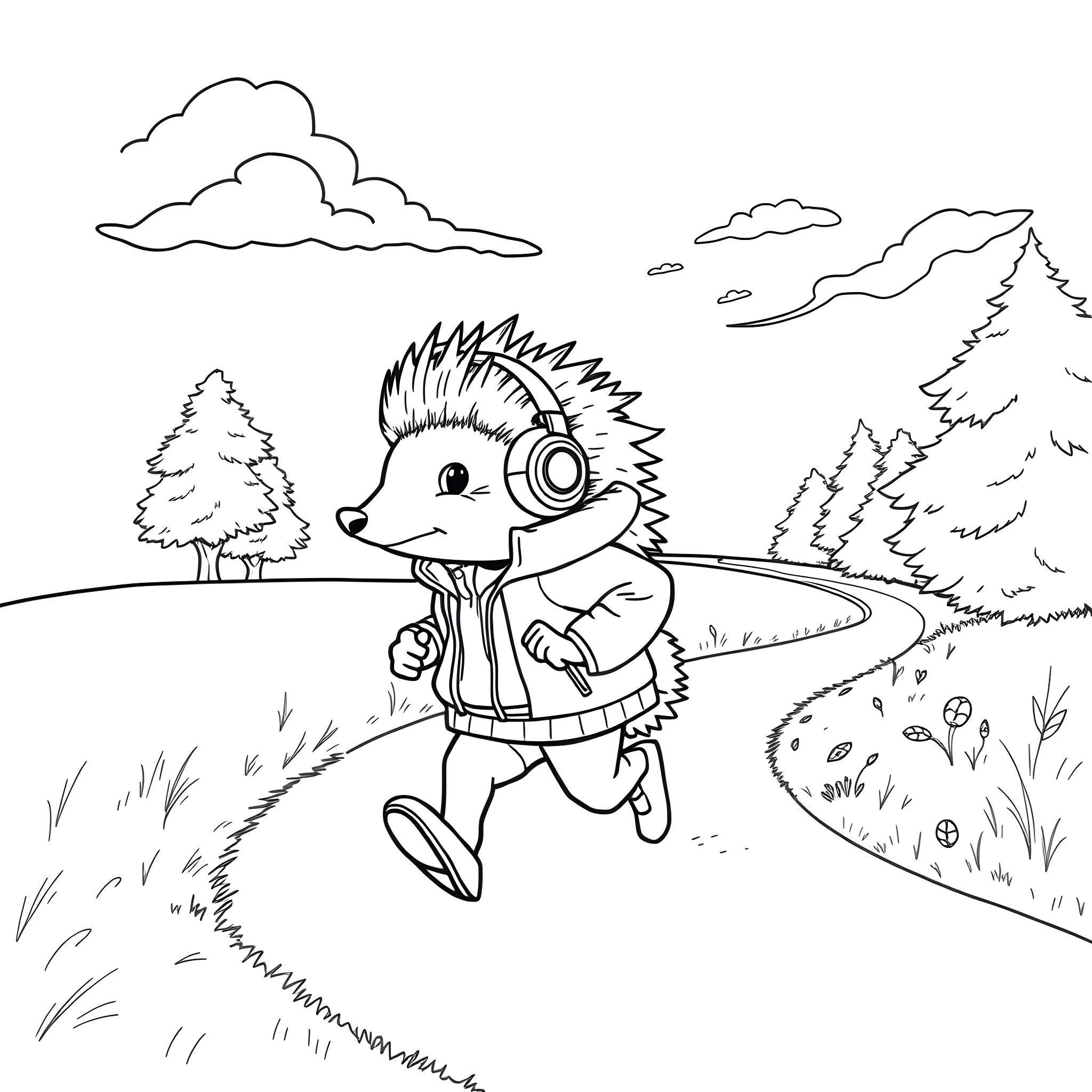 Hedgehog running happily in the forest Coloring Page (free black-and-white line drawing printable PDF for all, from beginners to advanced learners, including children, teens, adults, and seniors)