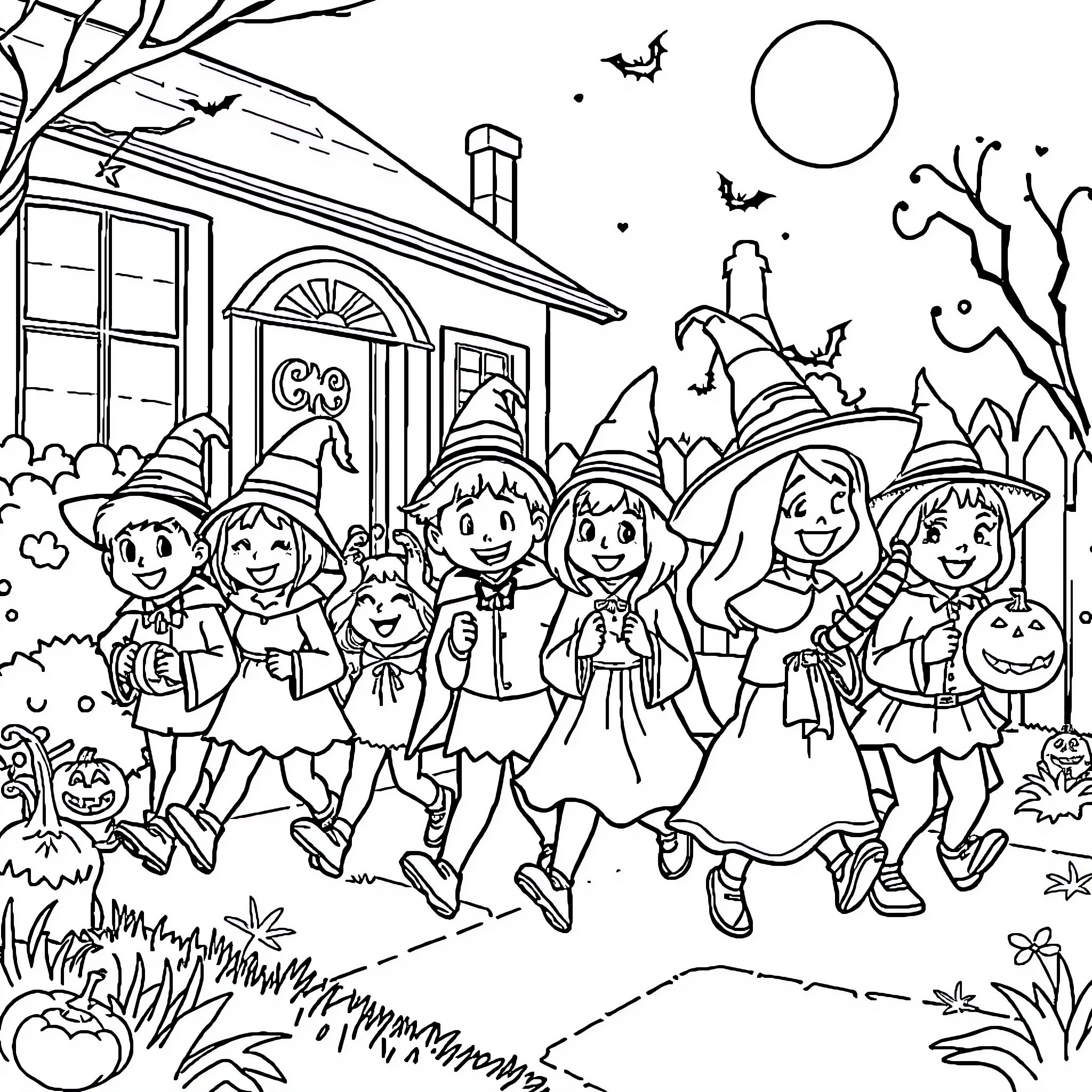 Kid group celebrating Halloween in spooky night Coloring Page (free black-and-white line drawing printable PDF for all, from beginners to advanced learners, including children, teens, adults, and seniors)