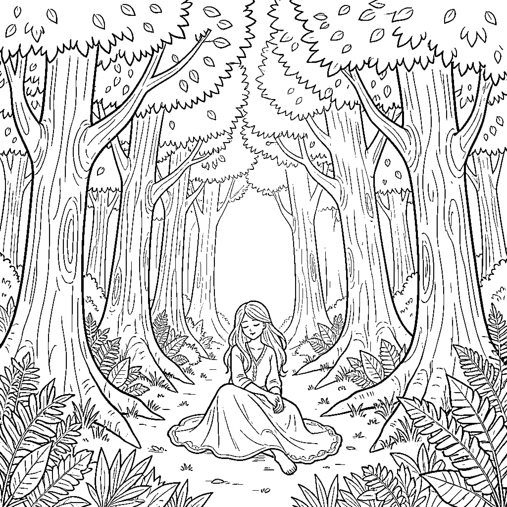Woman sitting alone in the enchanted forest Coloring Page (free black-and-white line drawing printable PDF for all, from beginners to advanced learners, including children, teens, adults, and seniors)