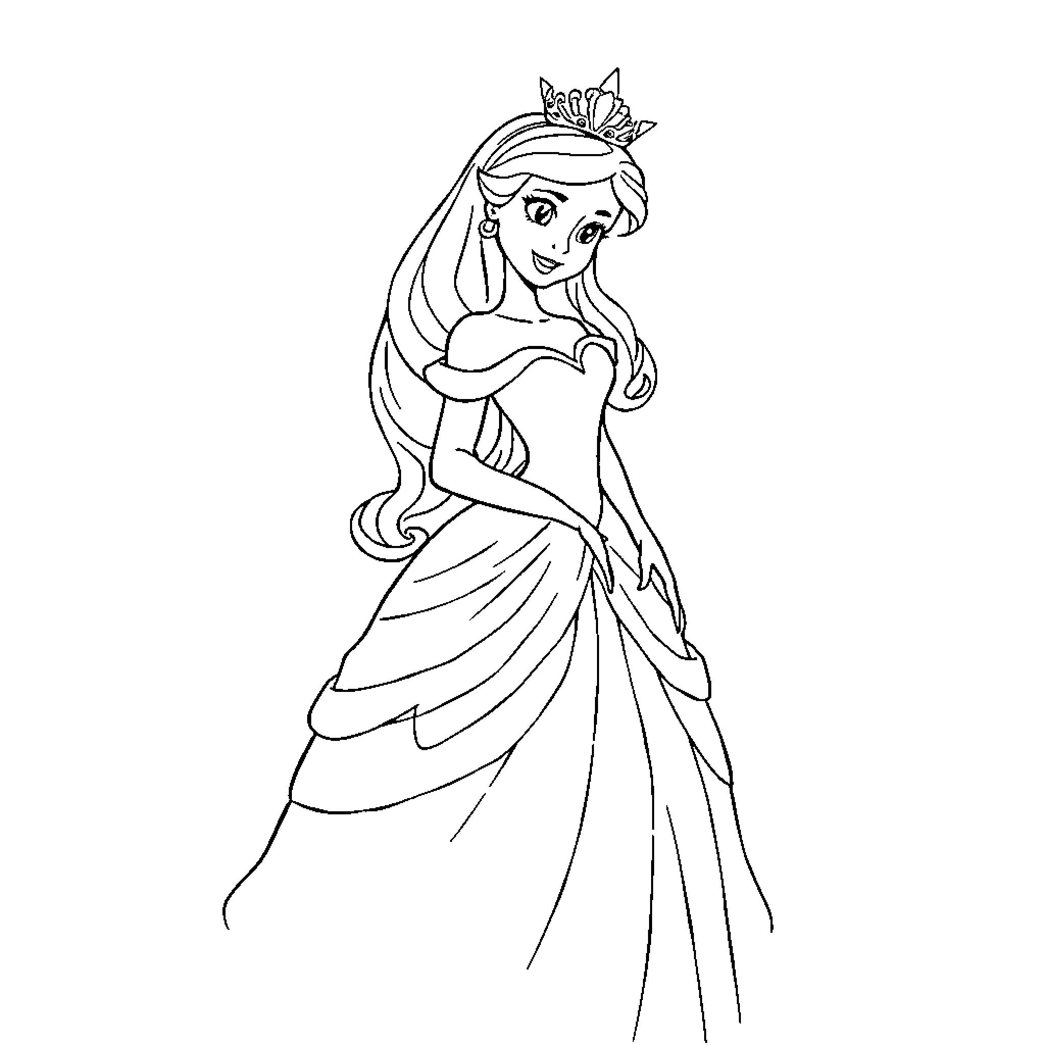 Princess in Elegant Gown and Crown Coloring Page (free black-and-white line drawing printable PDF for all, from beginners to advanced learners, including children, teens, adults, and seniors)