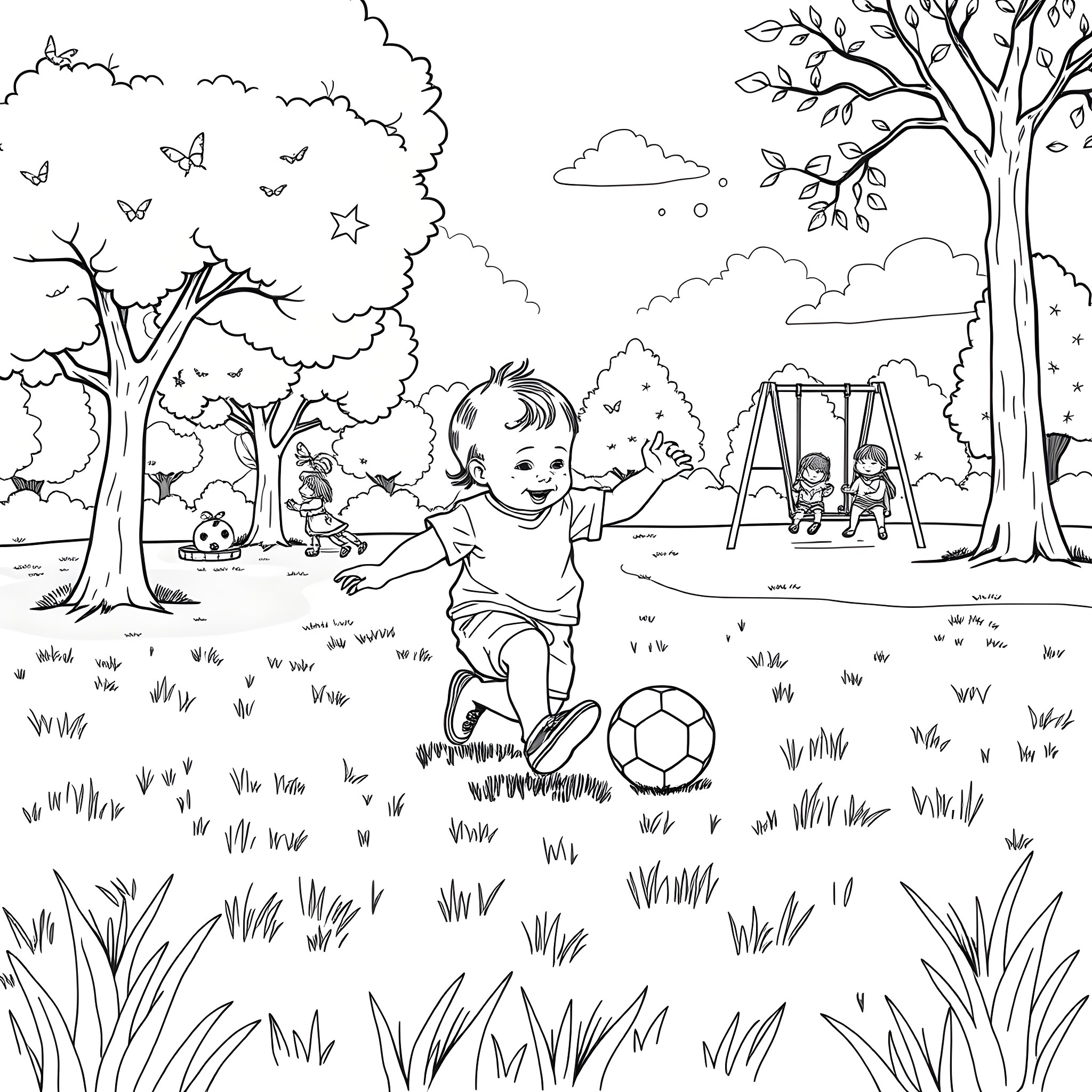 Baby enjoying outdoor play at the park Coloring Page (free black-and-white line drawing printable PDF for all, from beginners to advanced learners, including children, teens, adults, and seniors)