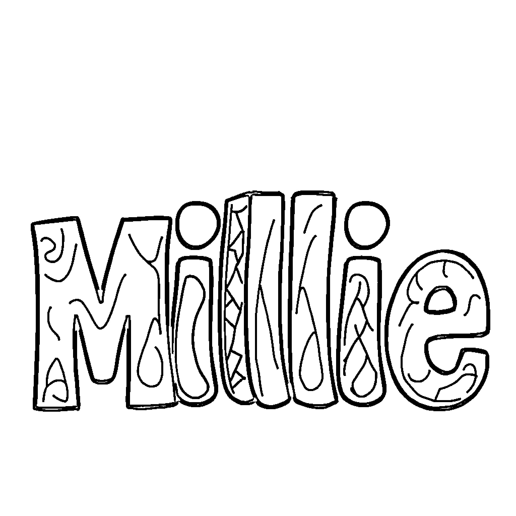 Millie's Whimsical Doodle Coloring Page (free black-and-white line drawing printable PDF for all, from beginners to advanced learners, including children, teens, adults, and seniors)