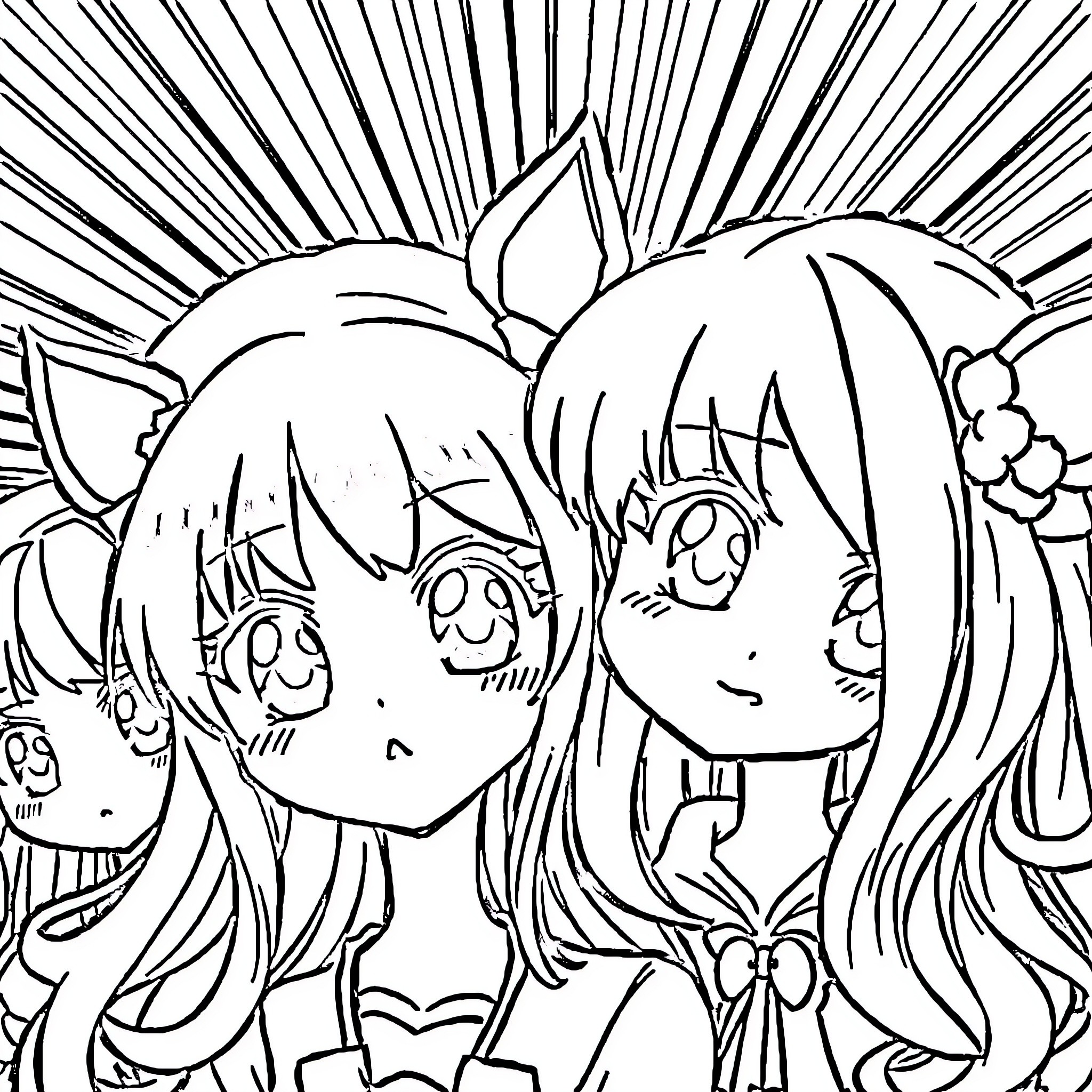 Anime Girls in Expressive Poses with Dramatic Backgrounds Coloring Page (free black-and-white line drawing printable PDF for all, from beginners to advanced learners, including children, teens, adults, and seniors)