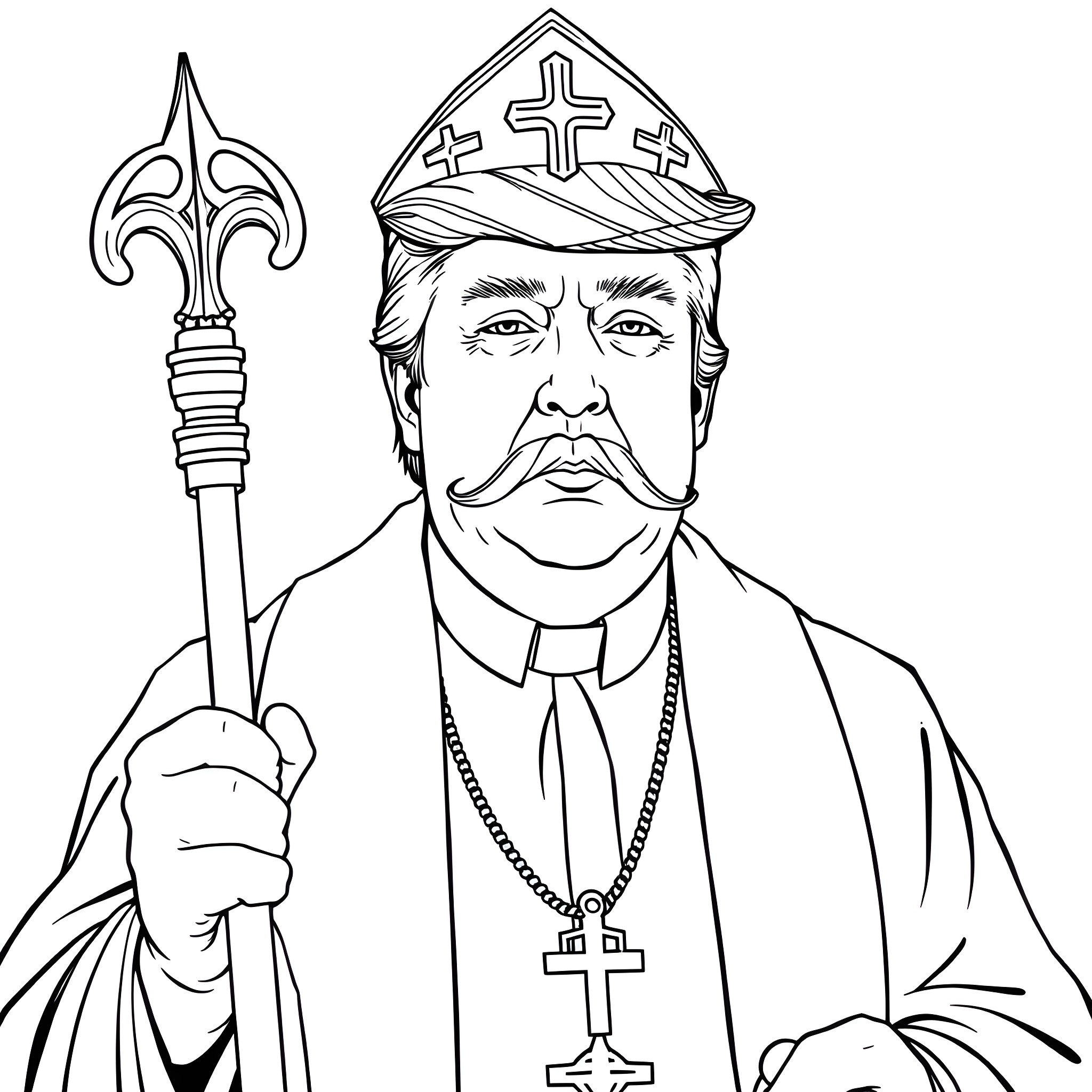 Trump dressed as a religious leader holding a ceremonial staff Coloring Page (free black-and-white line drawing printable PDF for all, from beginners to advanced learners, including children, teens, adults, and seniors)