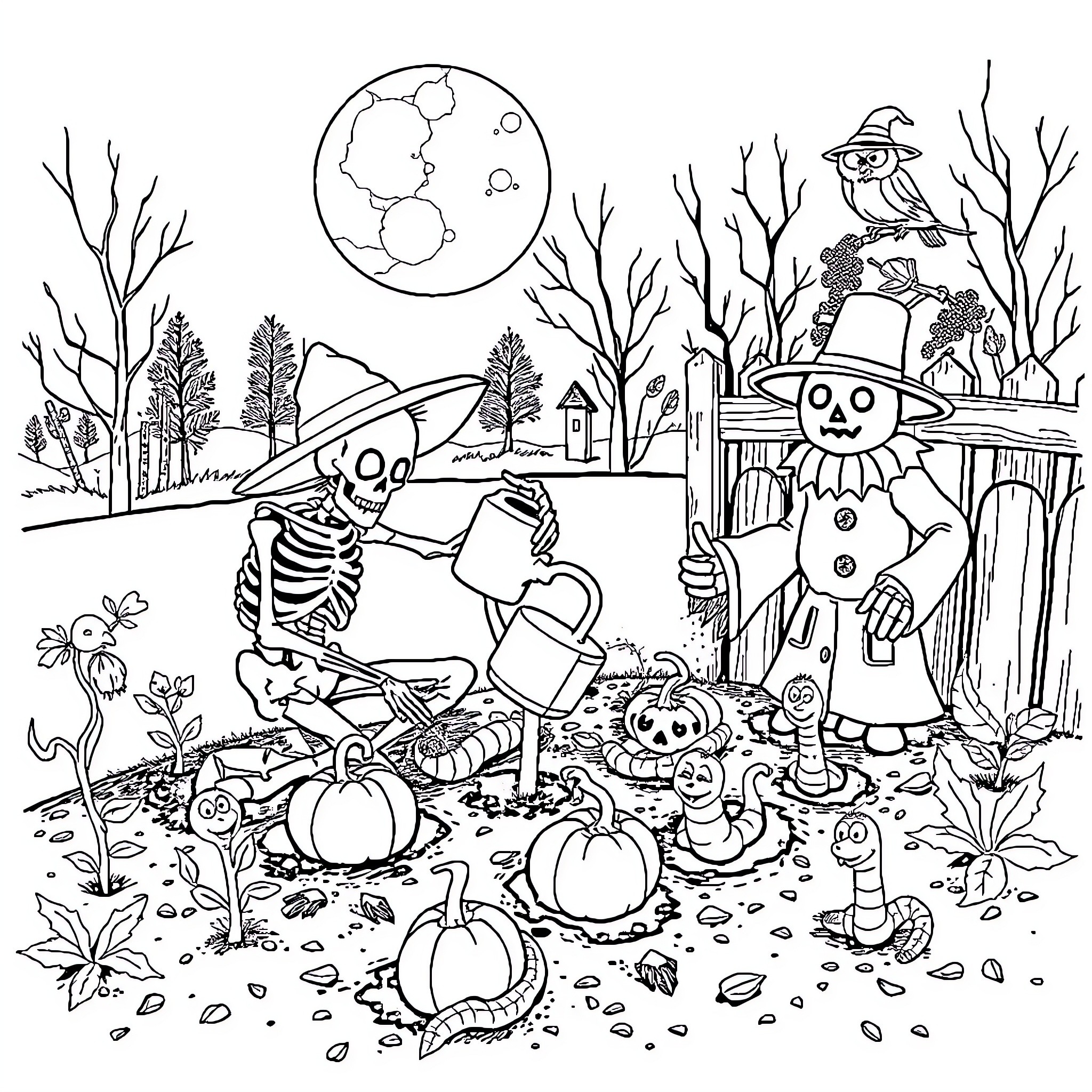 Skeleton figures enjoying Halloween festivities Coloring Page (free black-and-white line drawing printable PDF for all, from beginners to advanced learners, including children, teens, adults, and seniors)