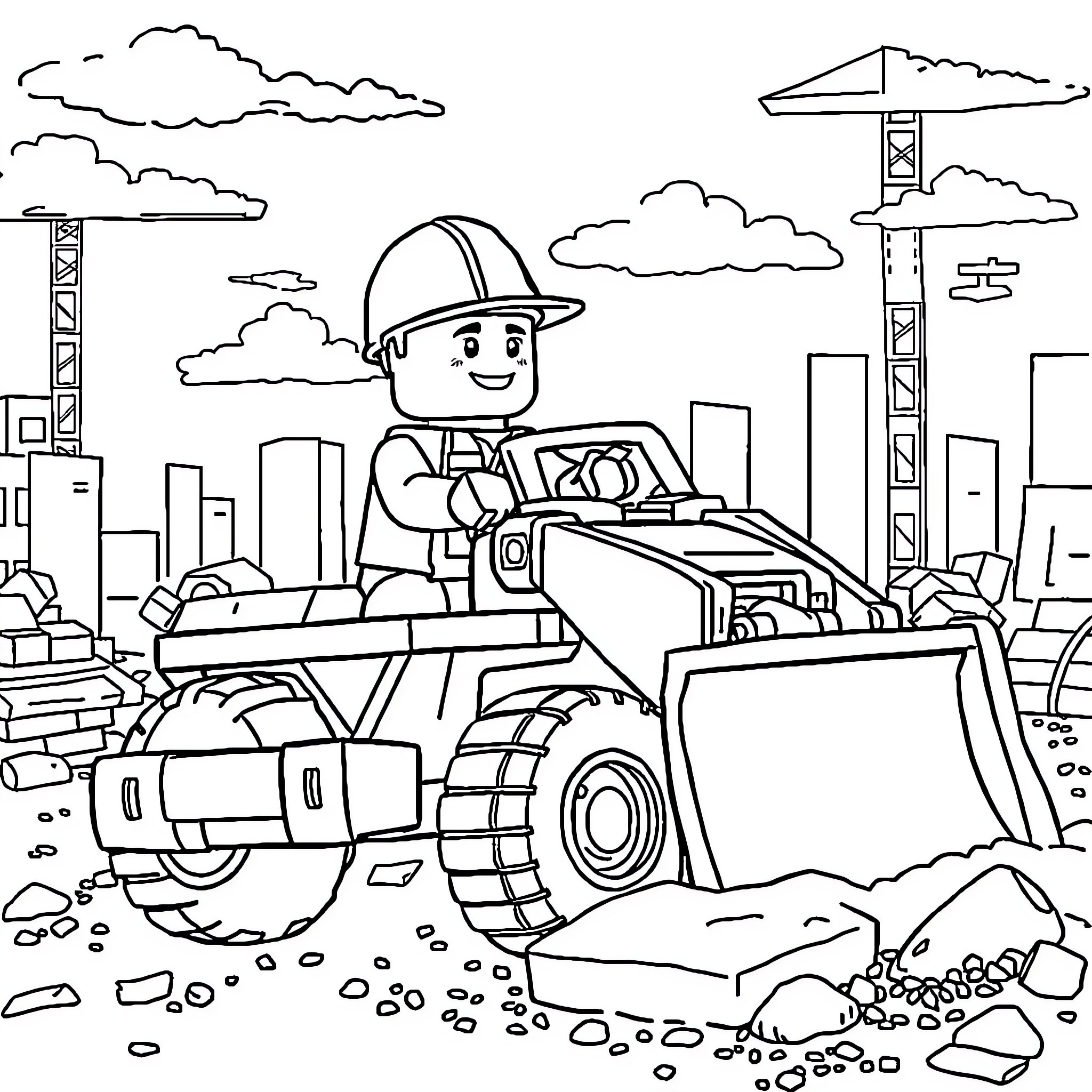 Construction Worker Operating Heavy Equipment in Urban Setting Coloring Page (free black-and-white line drawing printable PDF for all, from beginners to advanced learners, including children, teens, adults, and seniors)