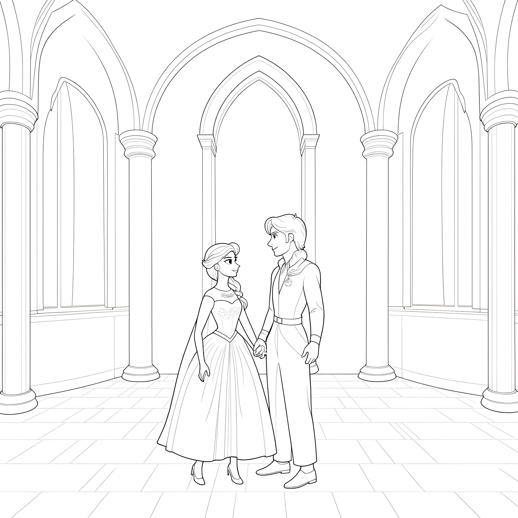 Elsa and her prince charming in a grand castle hall Coloring Page (free black-and-white line drawing printable PDF for all, from beginners to advanced learners, including children, teens, adults, and seniors)