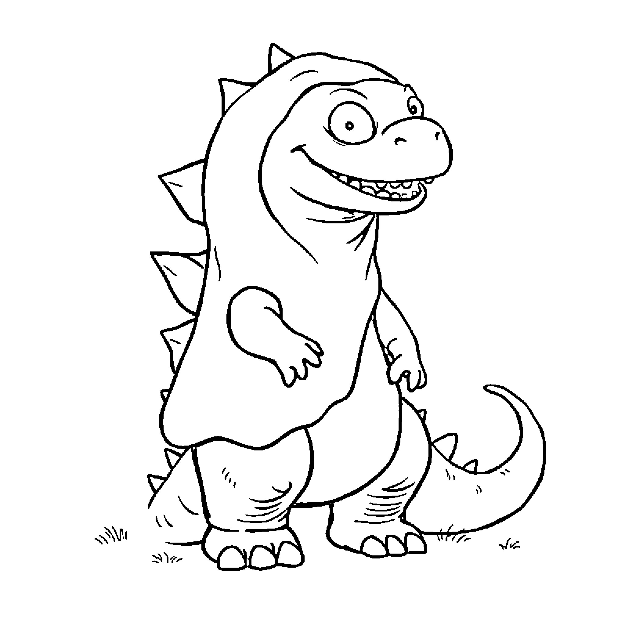 Godzilla-inspired cartoon dinosaur with friendly expression Coloring Page (free black-and-white line drawing printable PDF for all, from beginners to advanced learners, including children, teens, adults, and seniors)