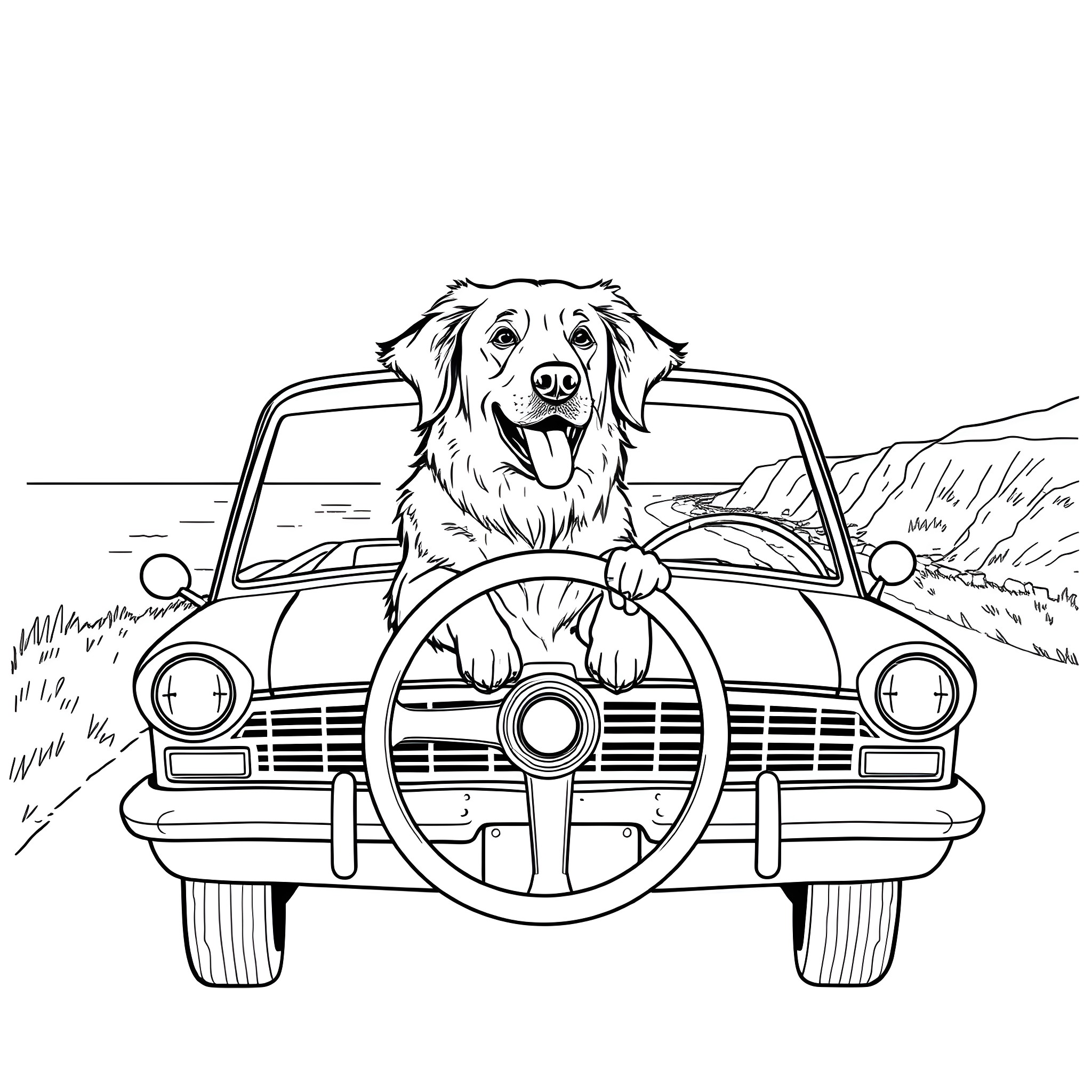 Golden Retriever driving vintage car Coloring Page (free black-and-white line drawing printable PDF for all, from beginners to advanced learners, including children, teens, adults, and seniors)