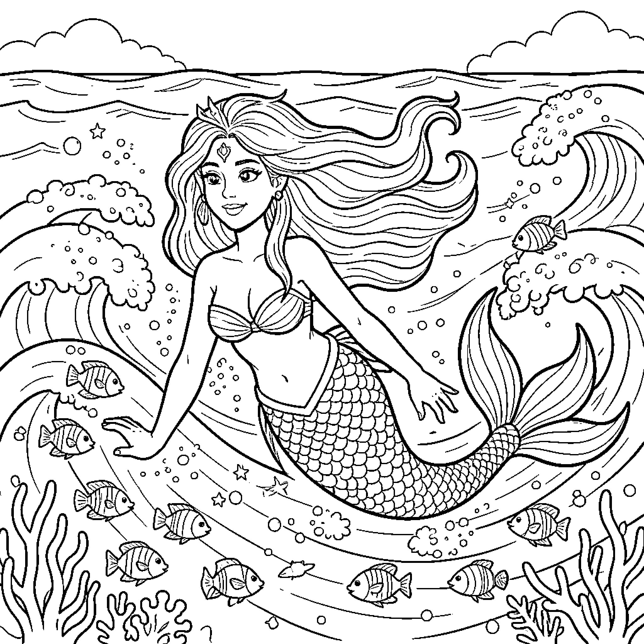 Mermaid swimming gracefully among waves and tropical fish Coloring Page (free black-and-white line drawing printable PDF for all, from beginners to advanced learners, including children, teens, adults, and seniors)