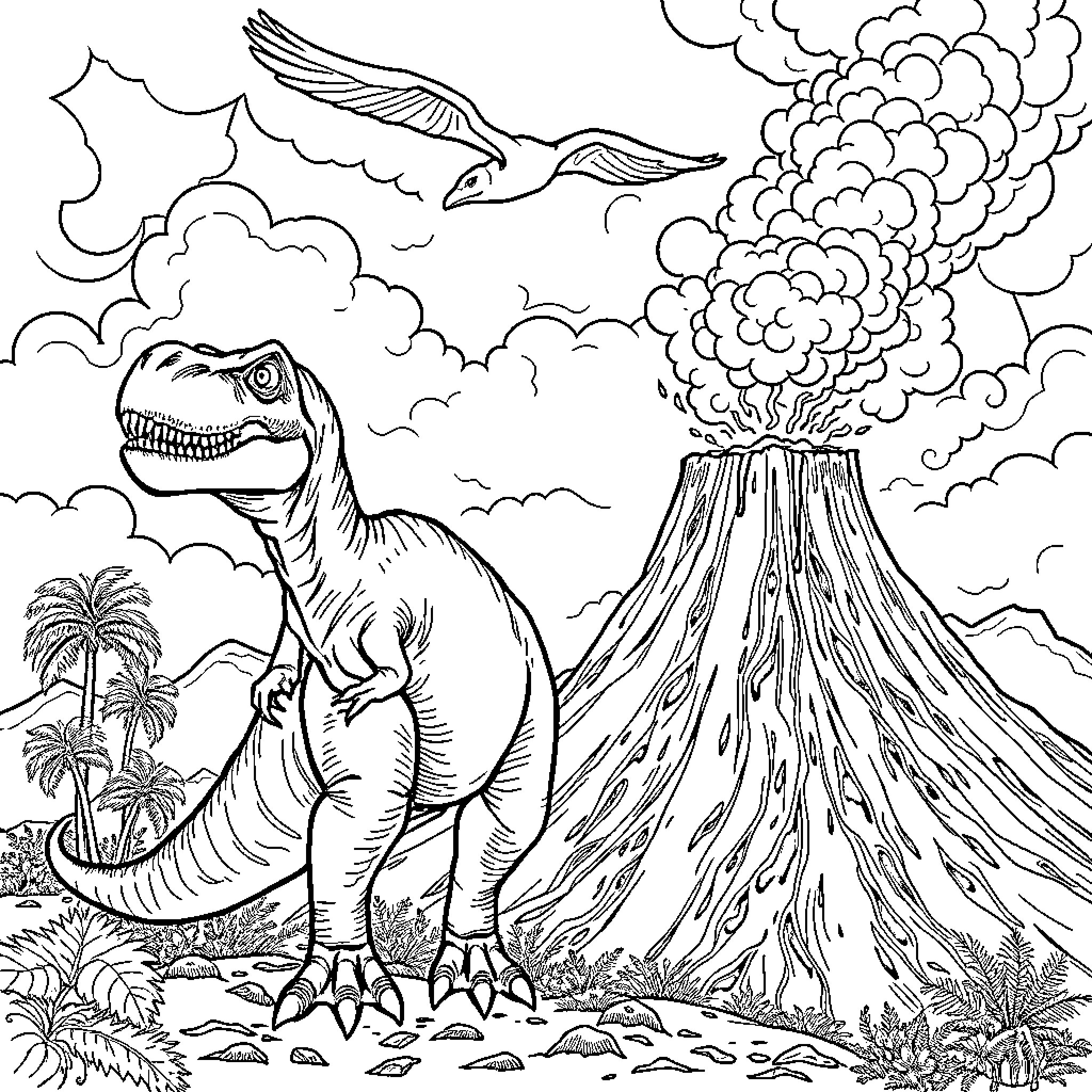 T-Rex Battling Erupting Volcano and Flying Creature Coloring Page (free black-and-white line drawing printable PDF for all, from beginners to advanced learners, including children, teens, adults, and seniors)