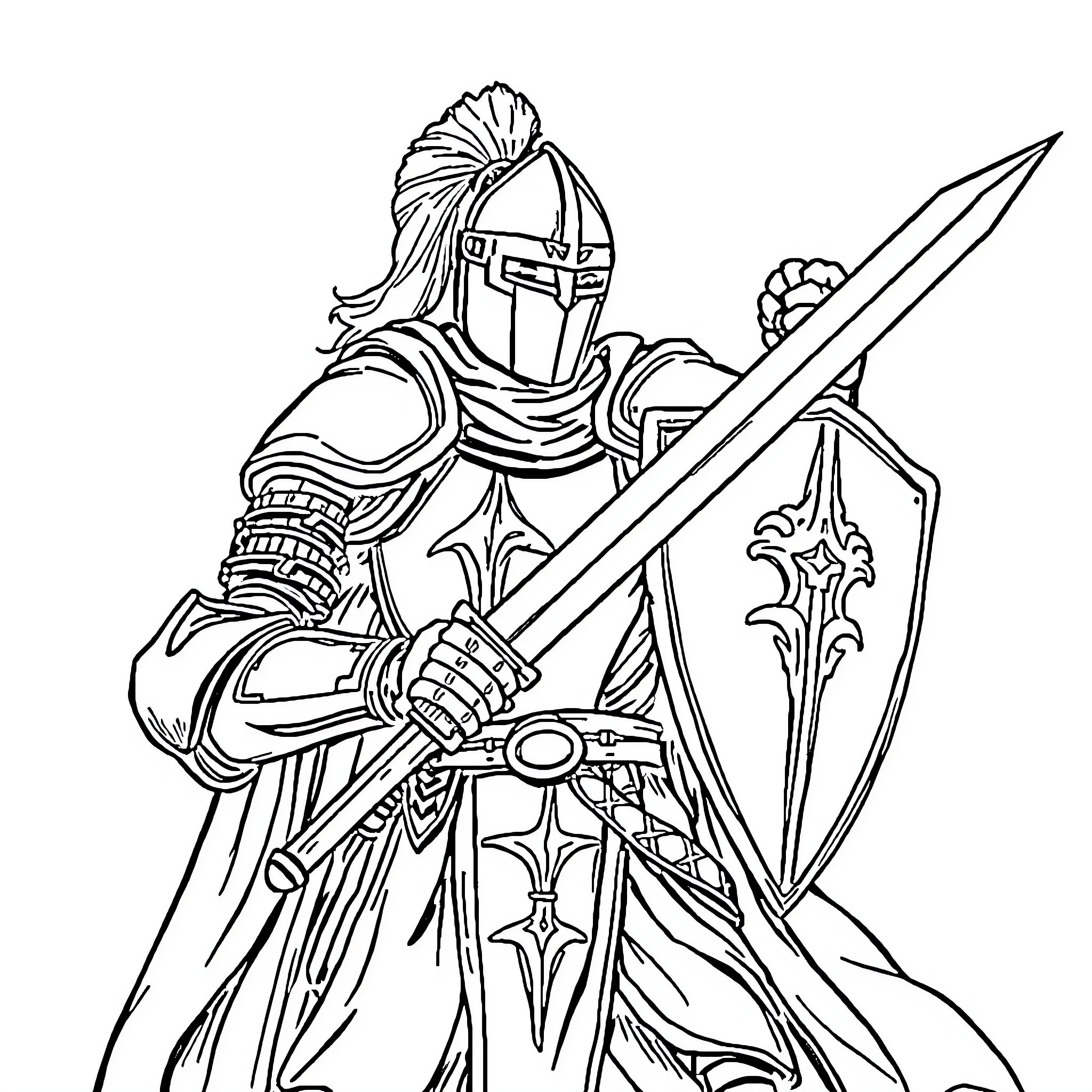 Crusader Knight in Full Armor with Sword and Shield Coloring Page (free black-and-white line drawing printable PDF for all, from beginners to advanced learners, including children, teens, adults, and seniors)