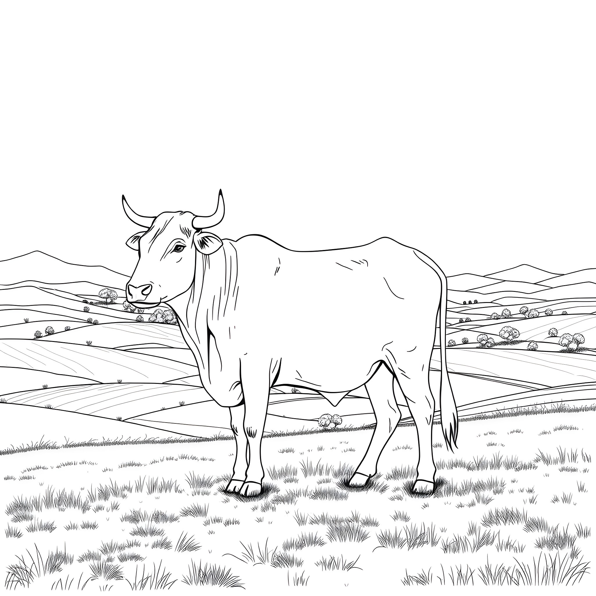 Ox standing in a pastoral landscape Coloring Page (free black-and-white line drawing printable PDF for all, from beginners to advanced learners, including children, teens, adults, and seniors)
