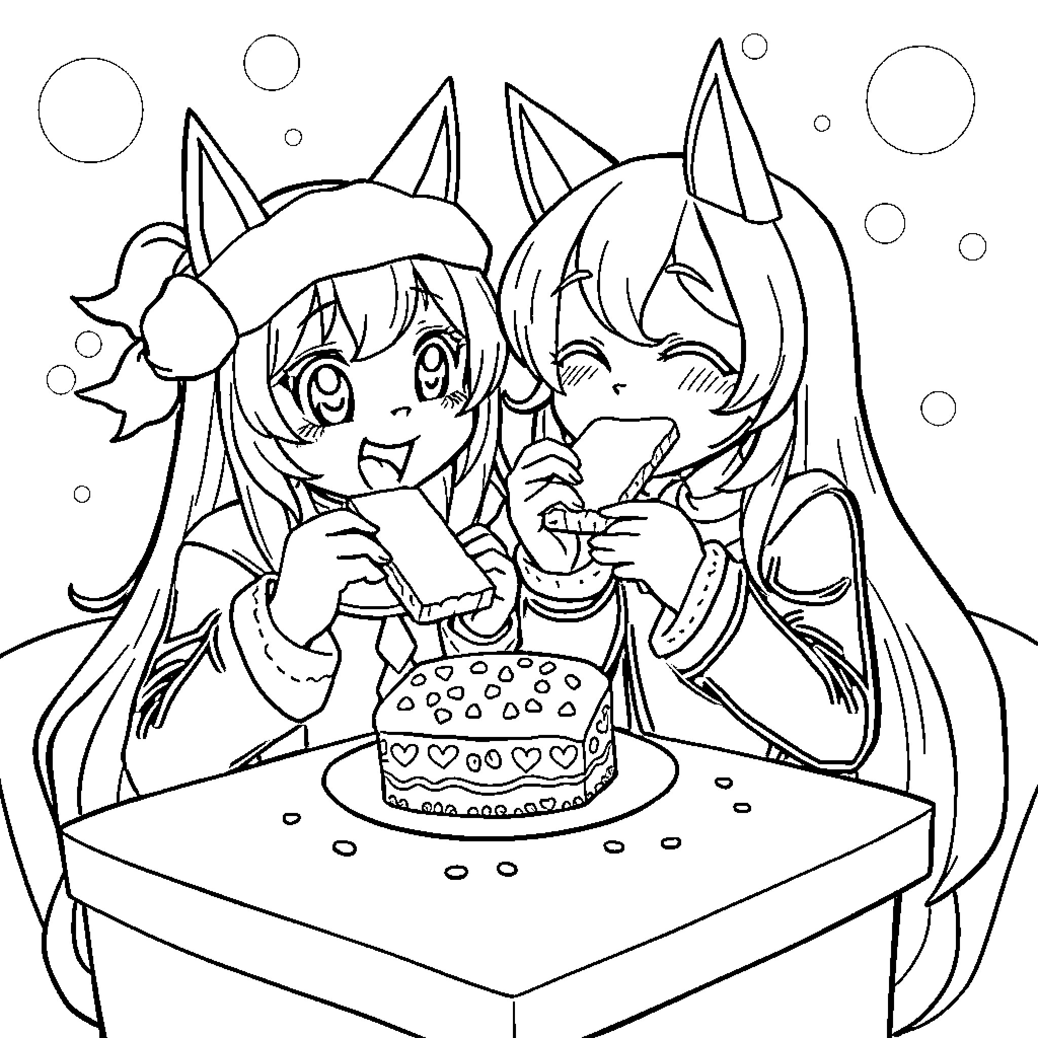 Kiri and Lou Sharing a Birthday Cake Coloring Page (free black-and-white line drawing printable PDF for all, from beginners to advanced learners, including children, teens, adults, and seniors)