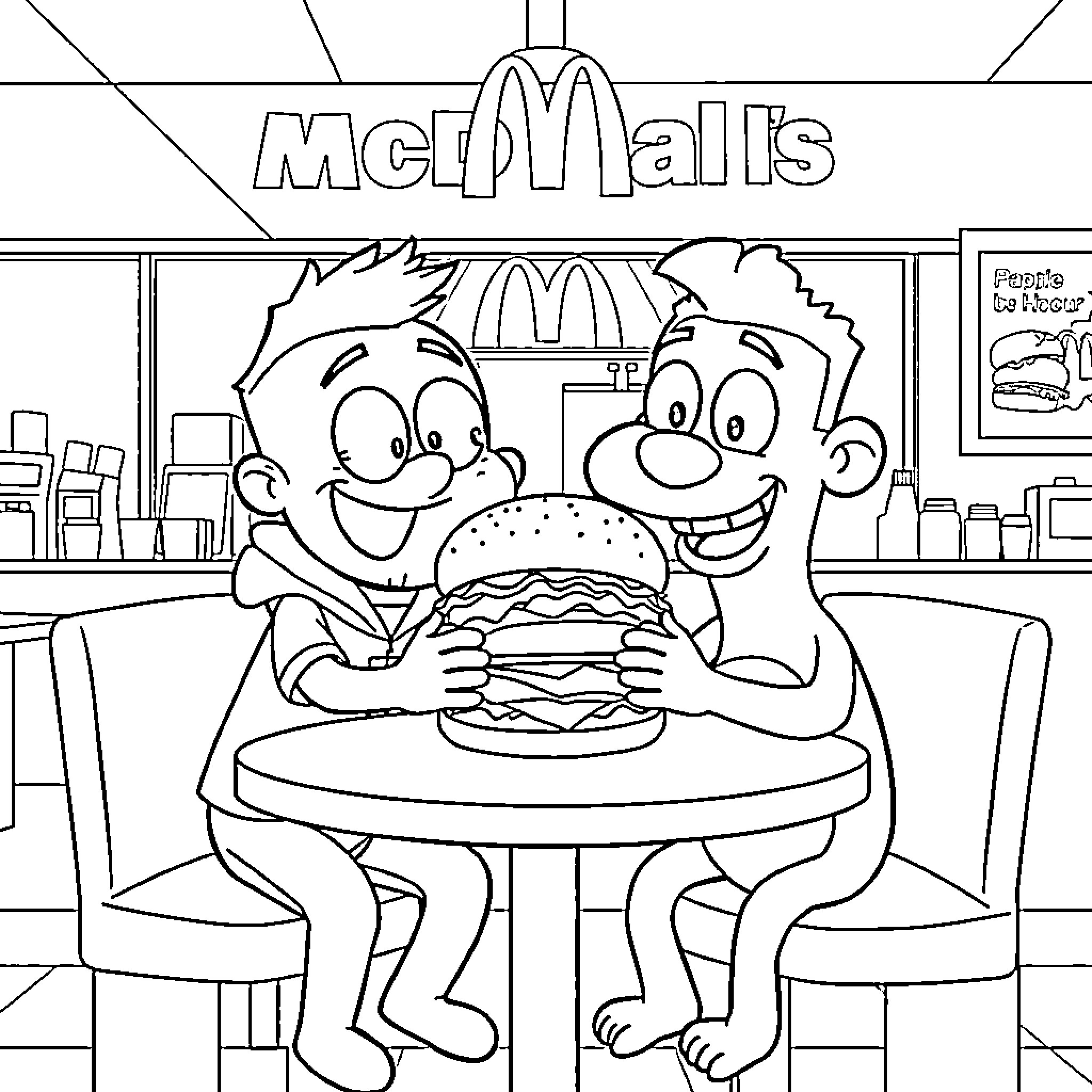 Gumball characters enjoying burgers at McDonald's Coloring Page (free black-and-white line drawing printable PDF for all, from beginners to advanced learners, including children, teens, adults, and seniors)