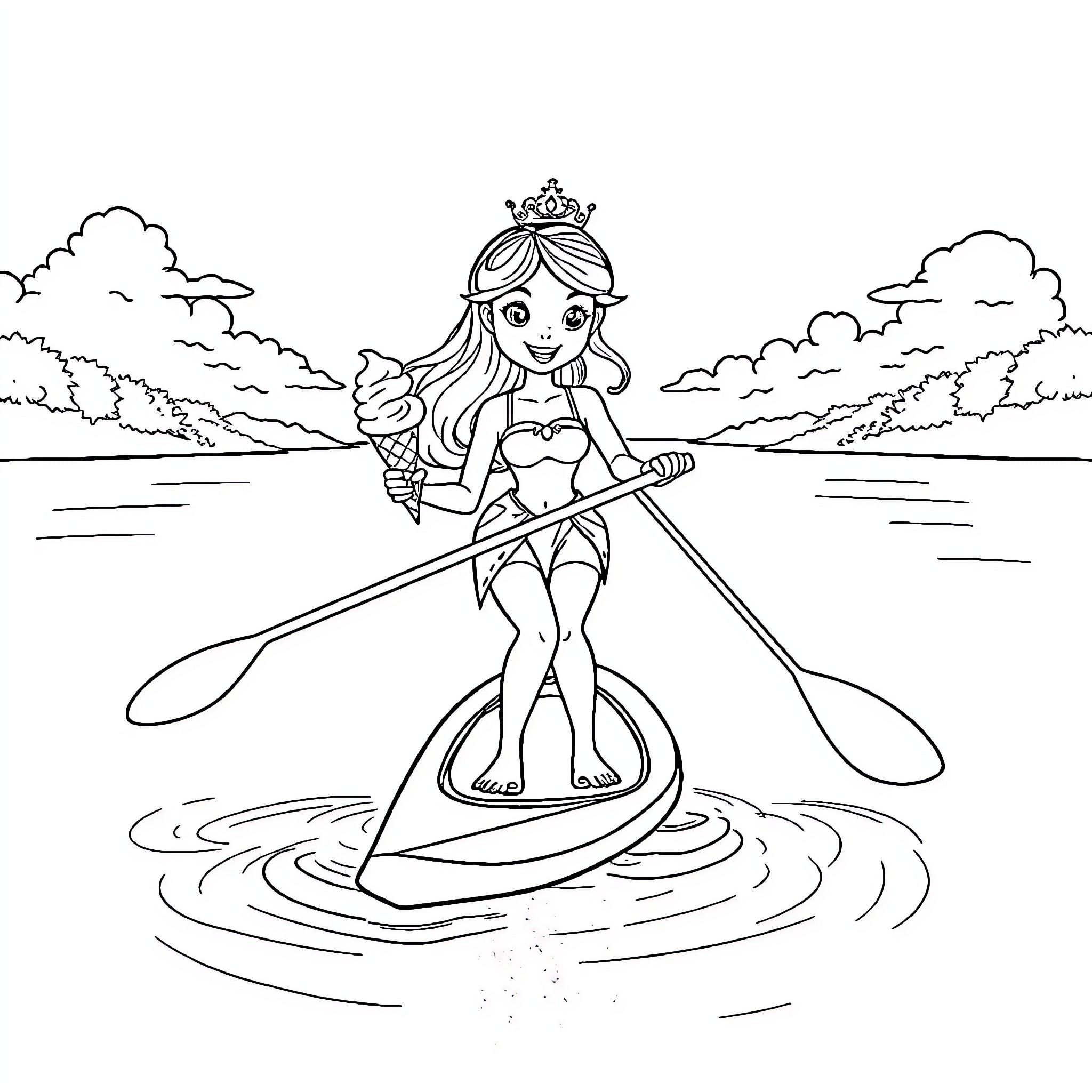 Princess paddling on the lake Coloring Page (free black-and-white line drawing printable PDF for all, from beginners to advanced learners, including children, teens, adults, and seniors)