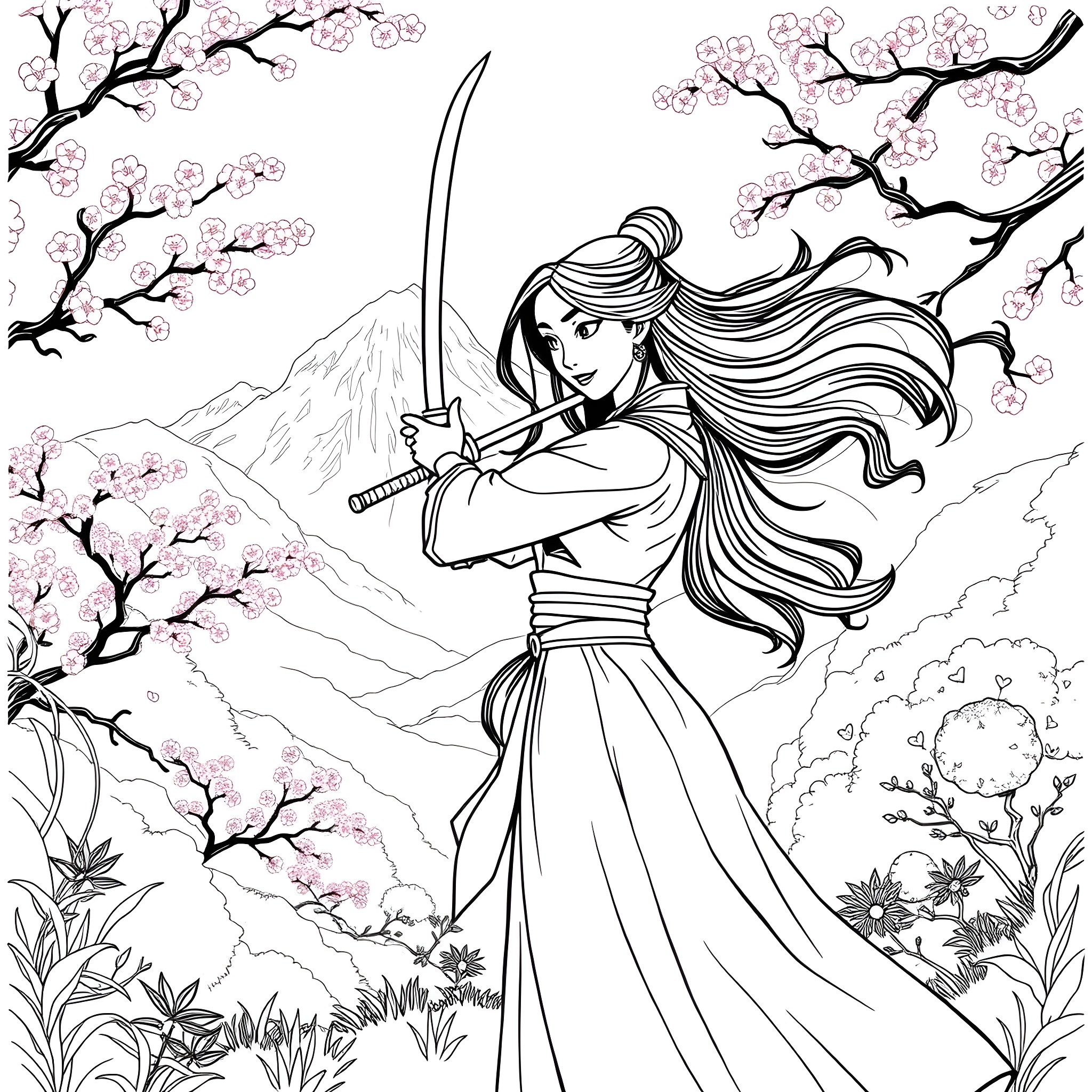 Mulan, the brave warrior, with flowing hair and sword in nature Coloring Page (free black-and-white line drawing printable PDF for all, from beginners to advanced learners, including children, teens, adults, and seniors)