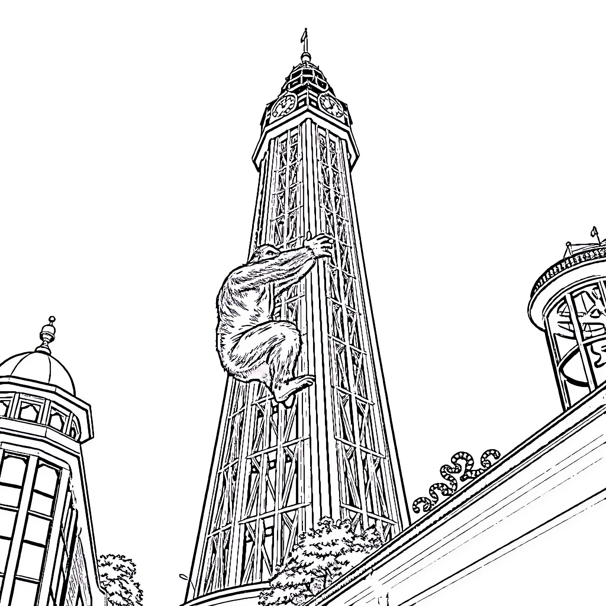 King Kong climbing up a tall tower Coloring Page (free black-and-white line drawing printable PDF for all, from beginners to advanced learners, including children, teens, adults, and seniors)