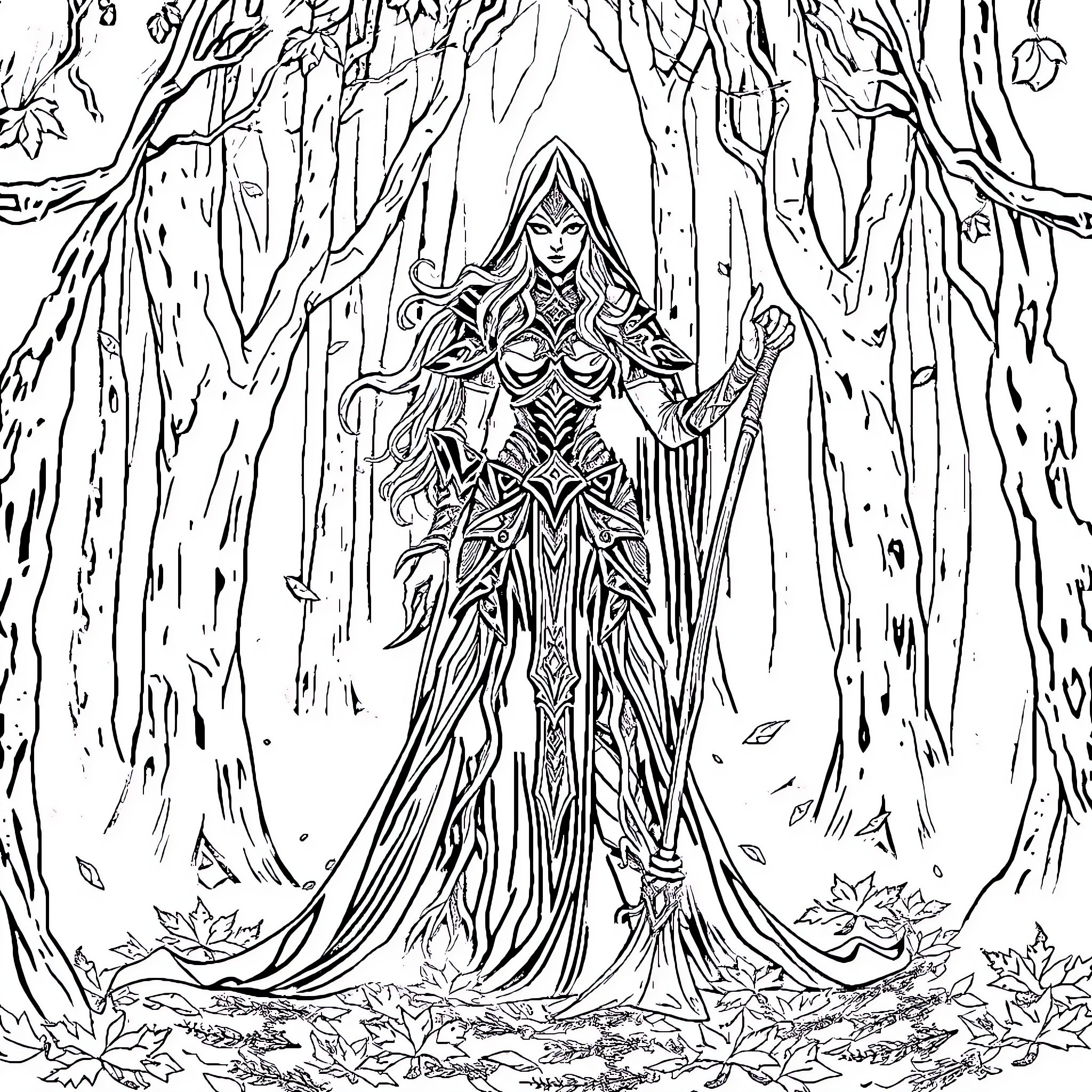 Sylvanas, the Elven Warrior Queen in the Enchanted Forest Coloring Page (free black-and-white line drawing printable PDF for all, from beginners to advanced learners, including children, teens, adults, and seniors)