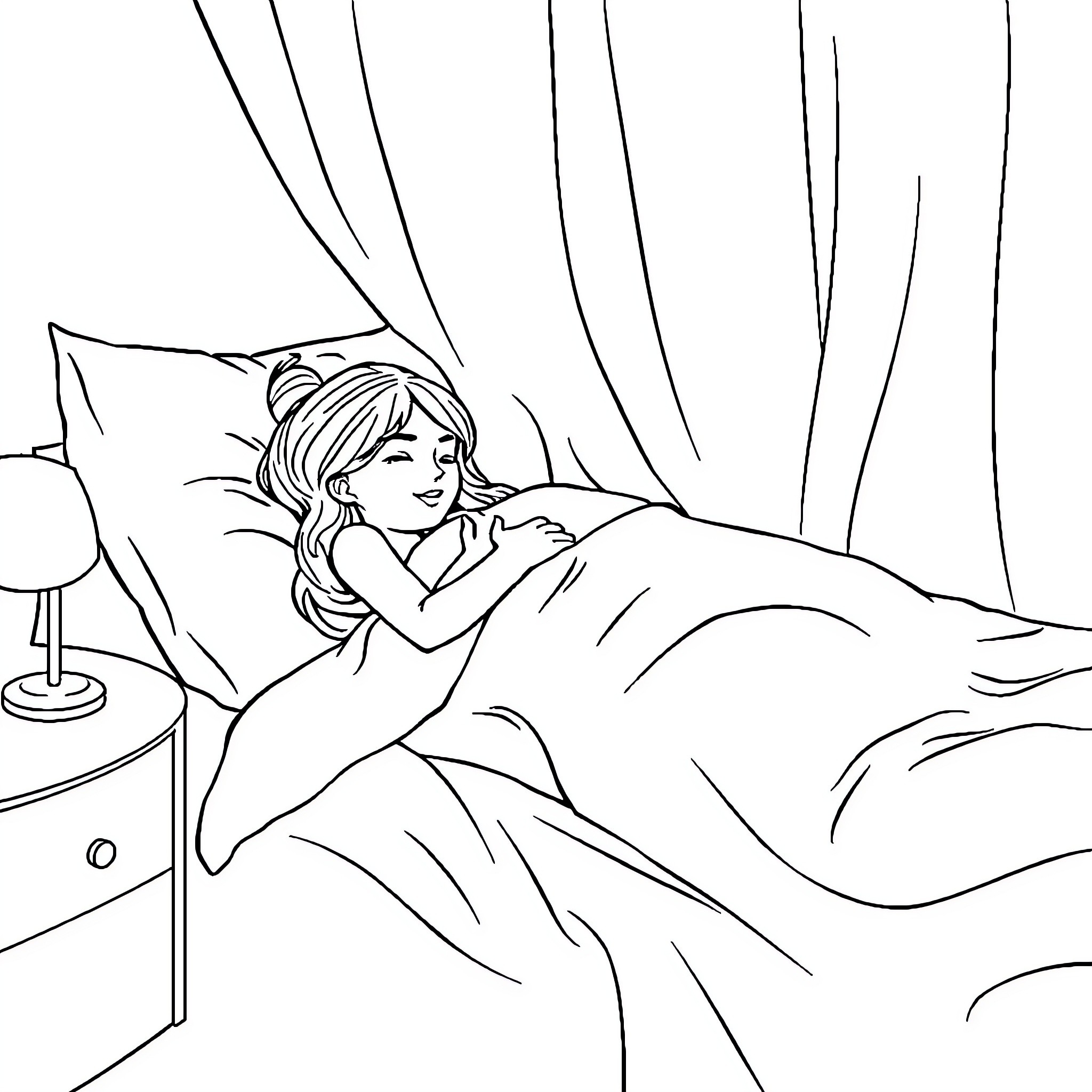 Misa resting peacefully in her bedroom Coloring Page (free black-and-white line drawing printable PDF for all, from beginners to advanced learners, including children, teens, adults, and seniors)