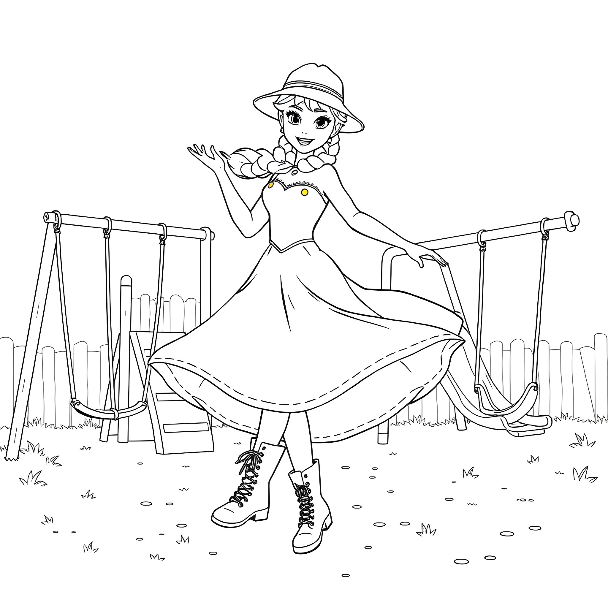 Elsa enjoying a day at the playground Coloring Page (free black-and-white line drawing printable PDF for all, from beginners to advanced learners, including children, teens, adults, and seniors)