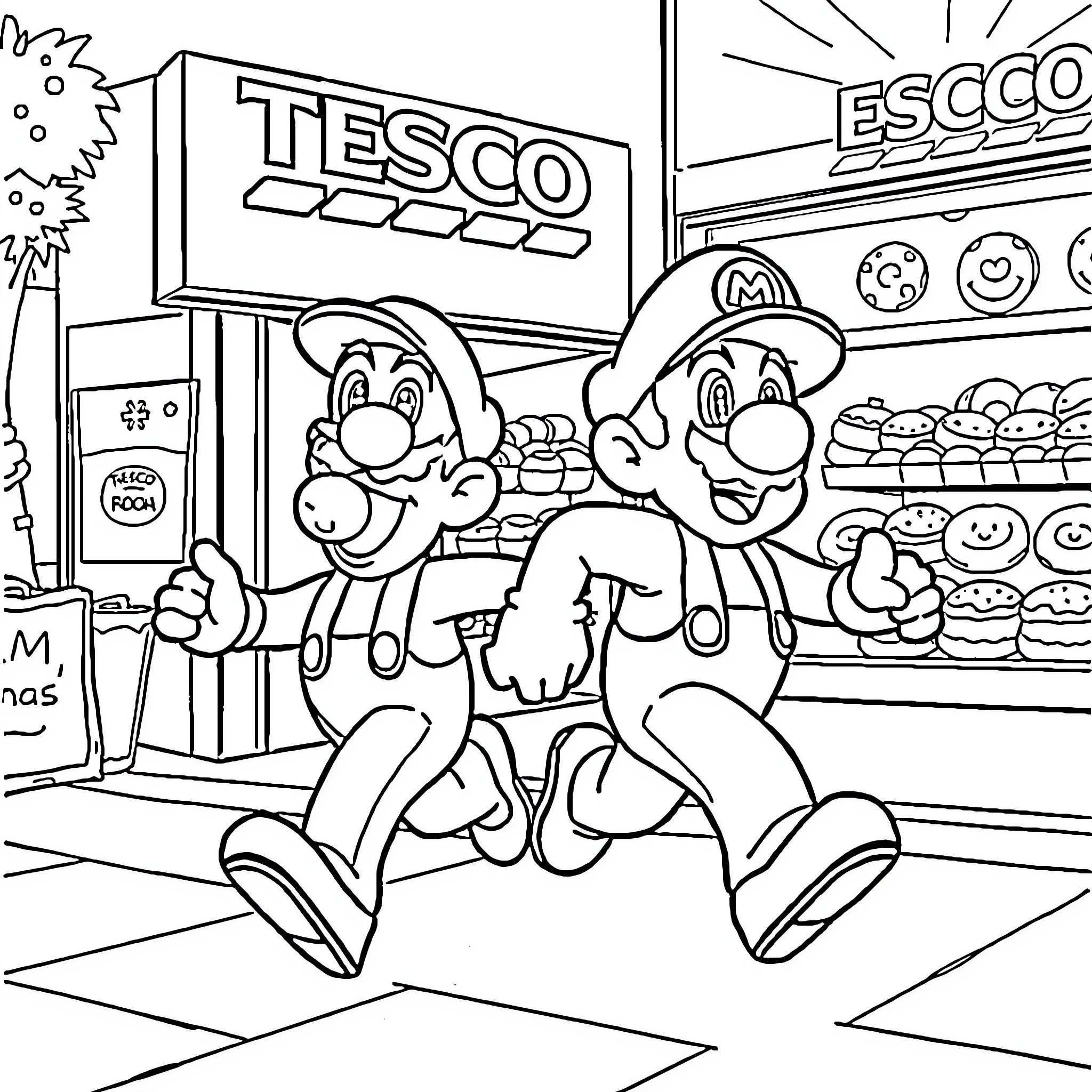 Mario and Luigi exploring the Tesco grocery store Coloring Page (free black-and-white line drawing printable PDF for all, from beginners to advanced learners, including children, teens, adults, and seniors)