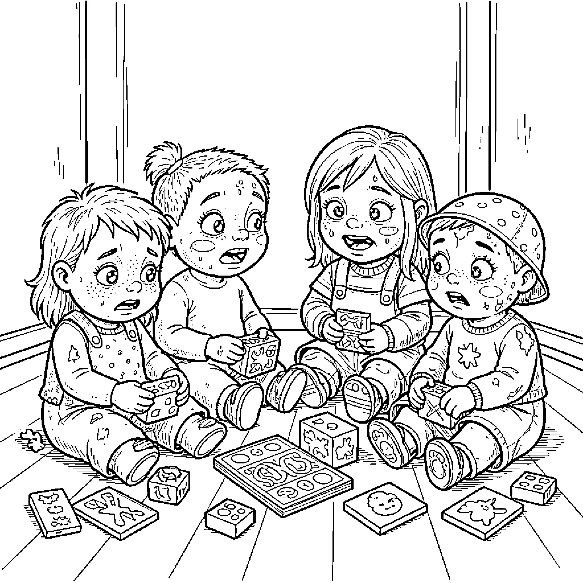 Doll children playing together with wooden blocks Coloring Page (free black-and-white line drawing printable PDF for all, from beginners to advanced learners, including children, teens, adults, and seniors)