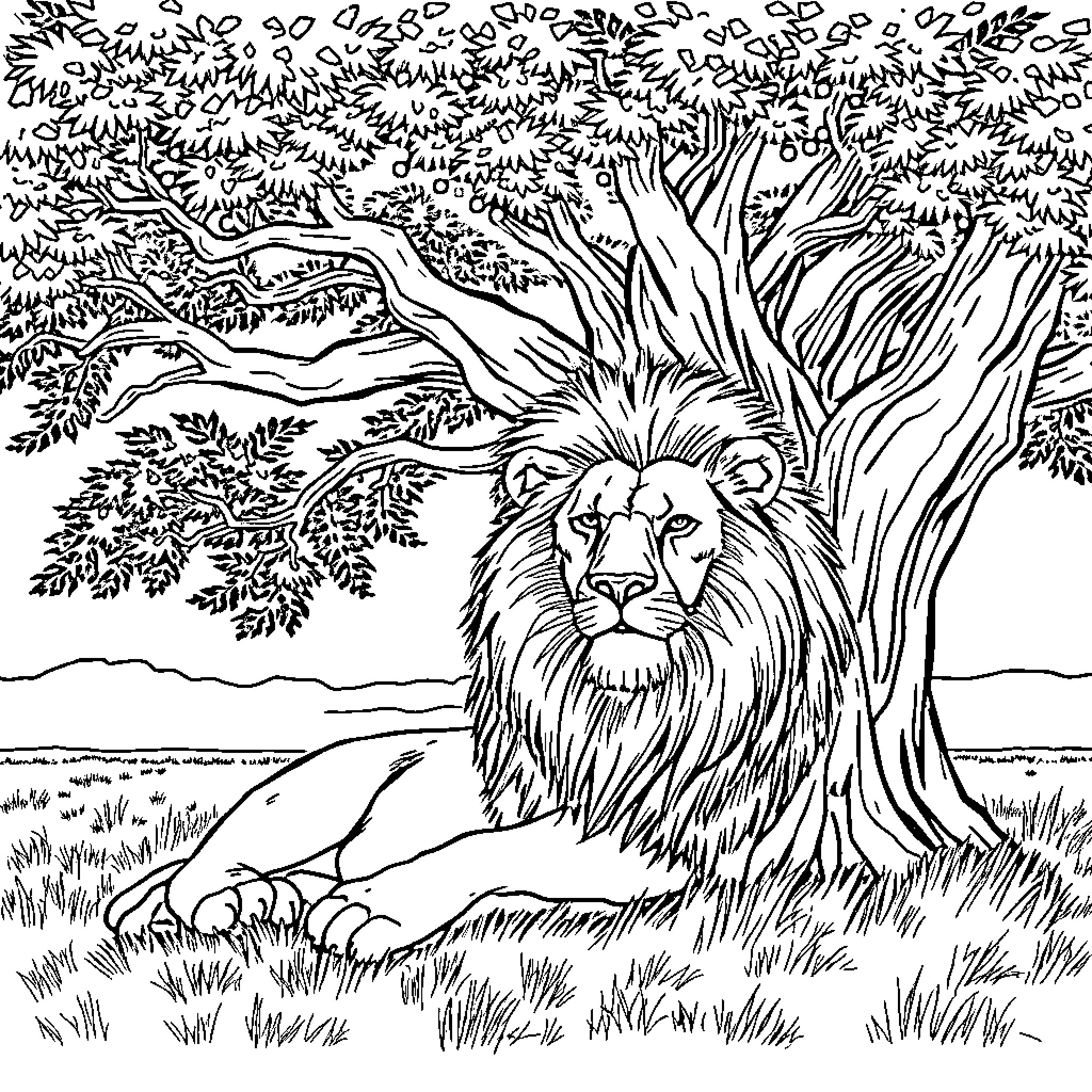 Lion resting in the lush forest Coloring Page (free black-and-white line drawing printable PDF for all, from beginners to advanced learners, including children, teens, adults, and seniors)