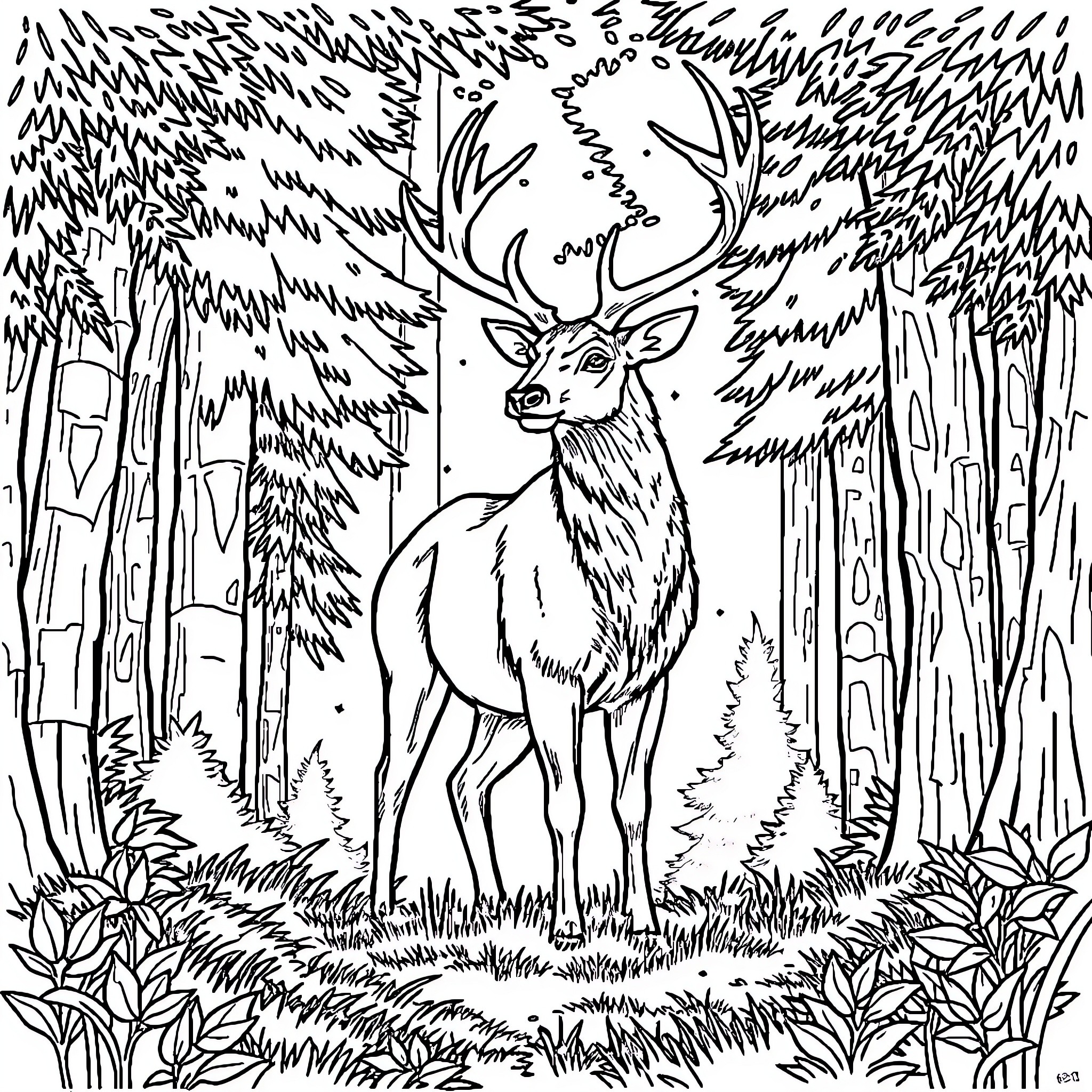 Stag in the Lush Forest Coloring Page (free black-and-white line drawing printable PDF for all, from beginners to advanced learners, including children, teens, adults, and seniors)