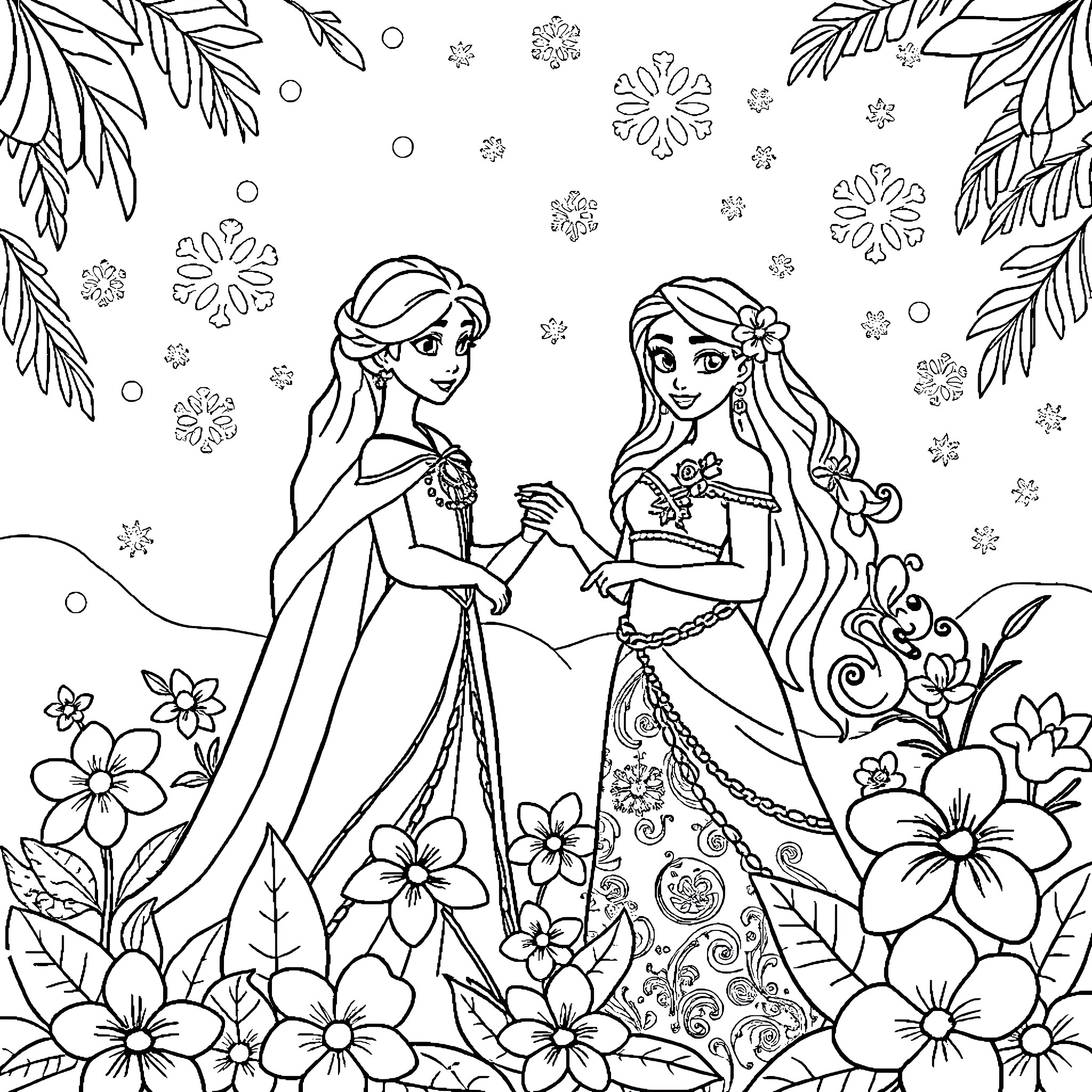 Princess sisters sharing a joyful moment in a floral garden Coloring Page (free black-and-white line drawing printable PDF for all, from beginners to advanced learners, including children, teens, adults, and seniors)
