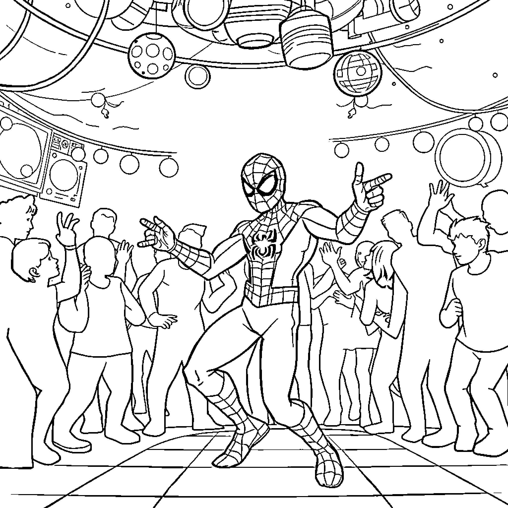 Spiderman entertaining excited crowd at party Coloring Page (free black-and-white line drawing printable PDF for all, from beginners to advanced learners, including children, teens, adults, and seniors)