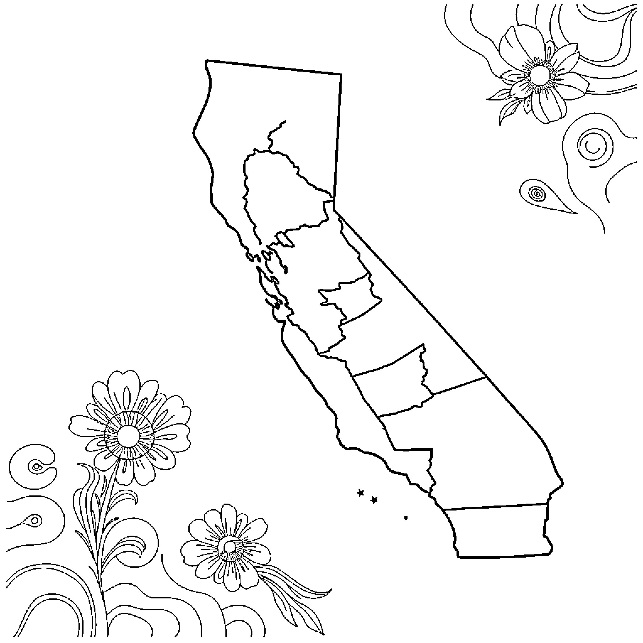 California state outline with floral designs Coloring Page (free black-and-white line drawing printable PDF for all, from beginners to advanced learners, including children, teens, adults, and seniors)