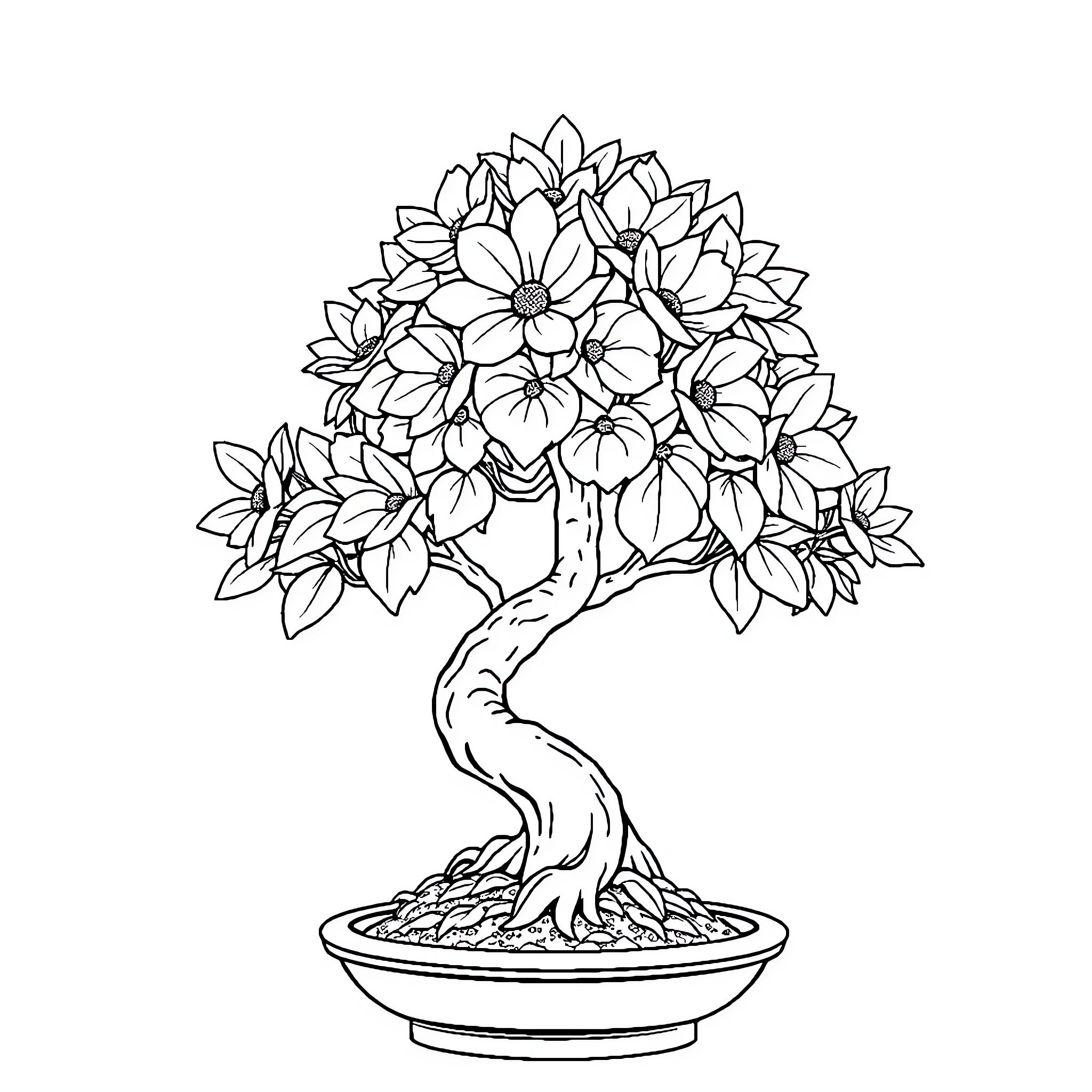 Bonsai tree blooming with flowers Coloring Page (free black-and-white line drawing printable PDF for all, from beginners to advanced learners, including children, teens, adults, and seniors)