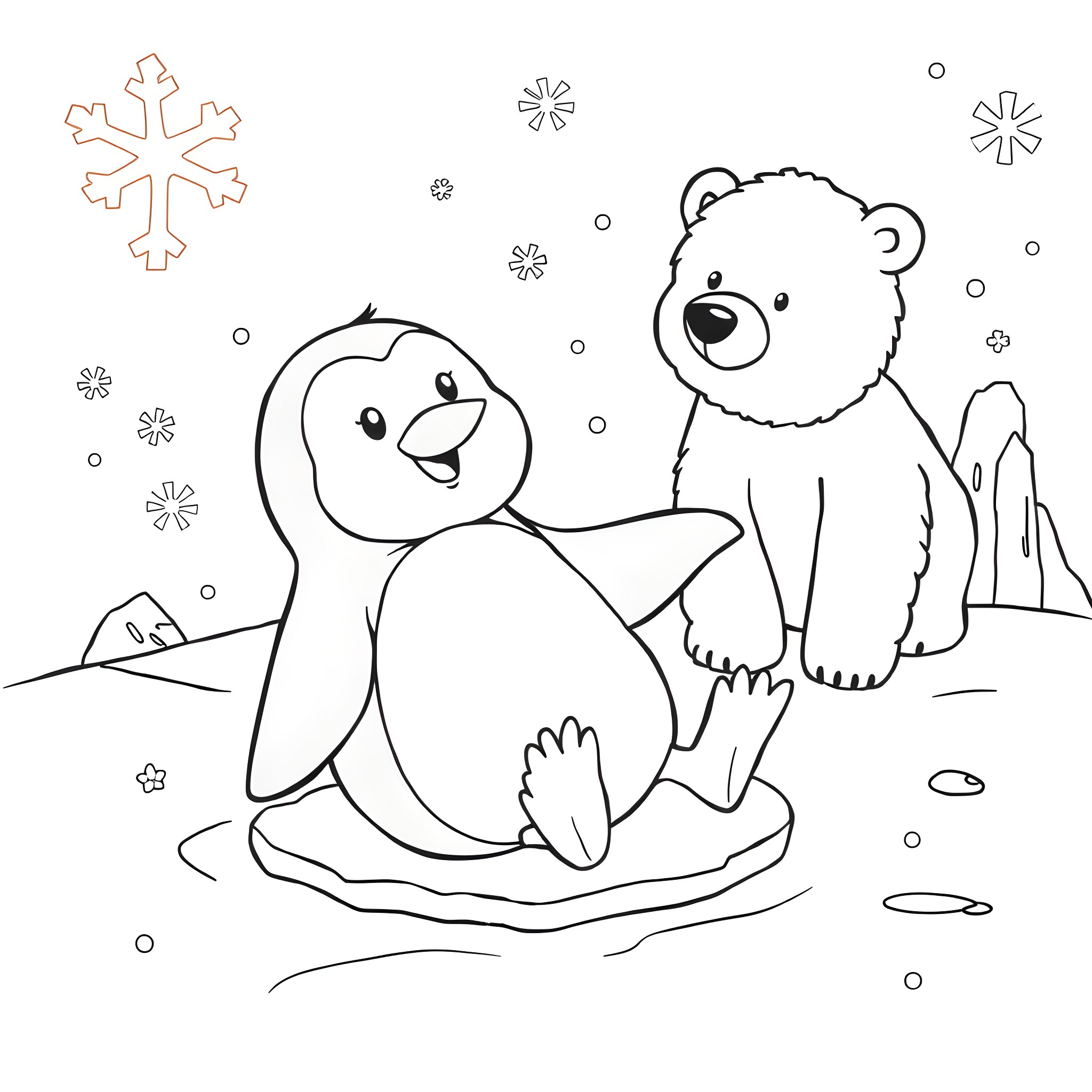 Penguin and Polar Bear Playing in the Snow Coloring Page (free black-and-white line drawing printable PDF for all, from beginners to advanced learners, including children, teens, adults, and seniors)