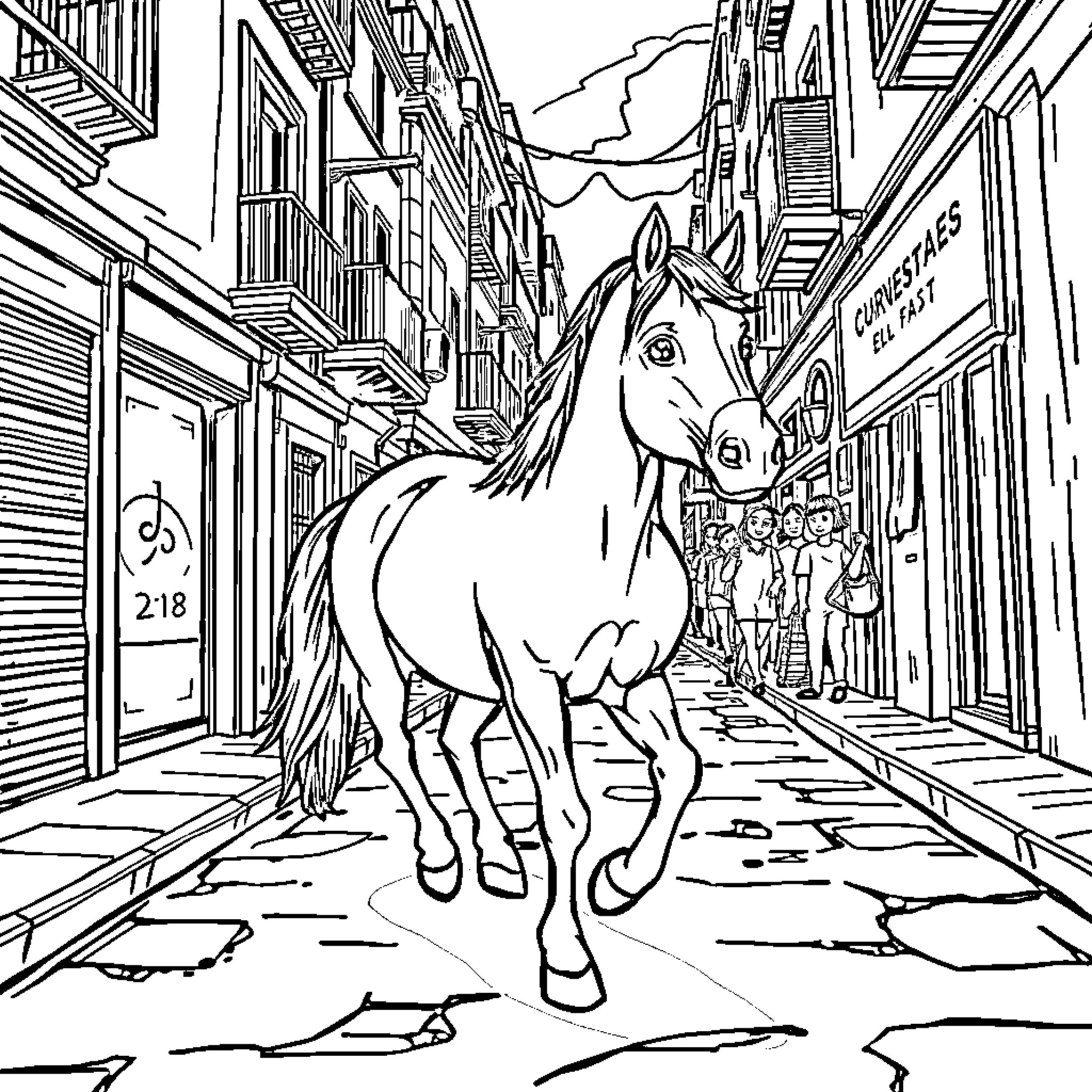 Horse walking through a bustling city street Coloring Page (free black-and-white line drawing printable PDF for all, from beginners to advanced learners, including children, teens, adults, and seniors)