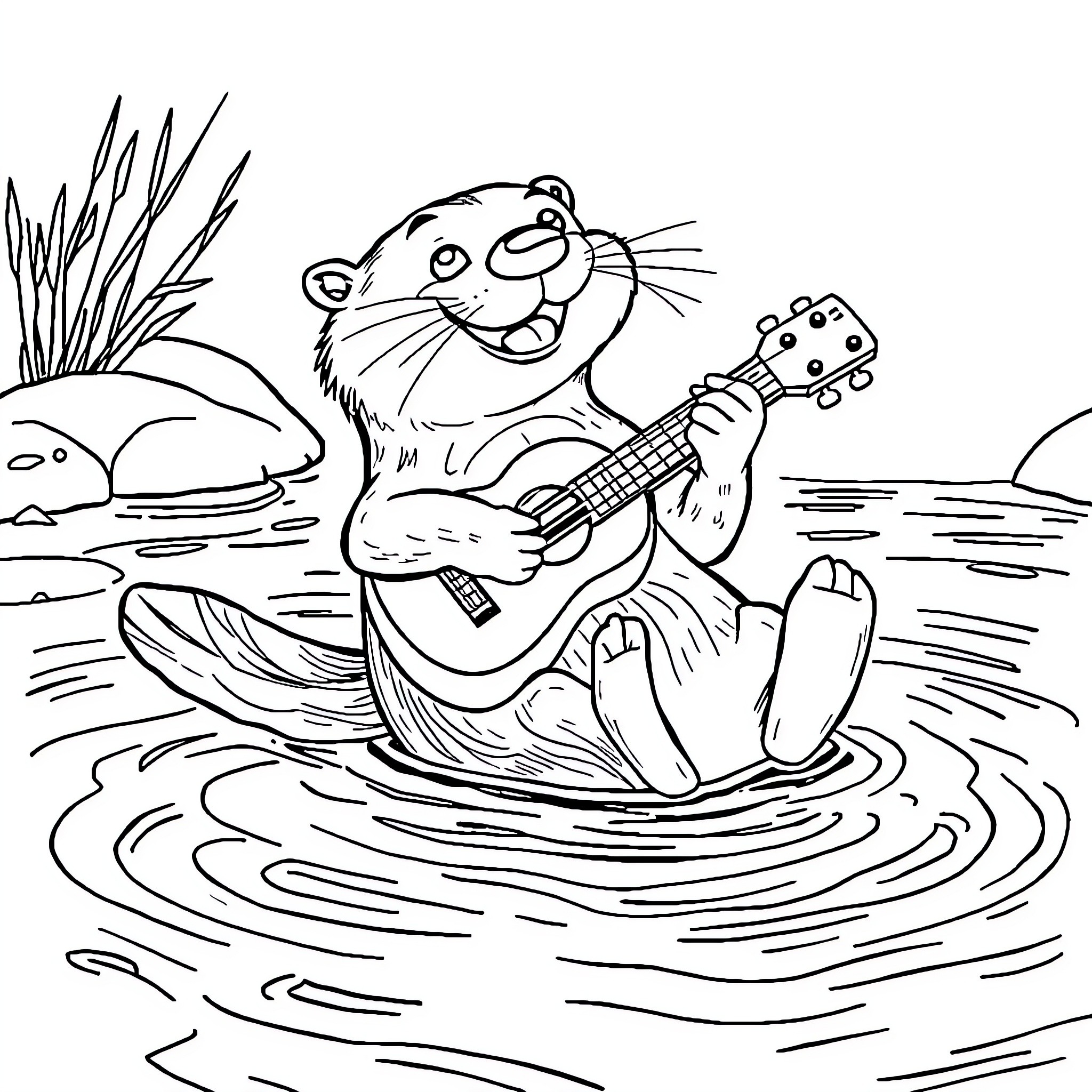 Otter playing guitar in the water Coloring Page (free black-and-white line drawing printable PDF for all, from beginners to advanced learners, including children, teens, adults, and seniors)