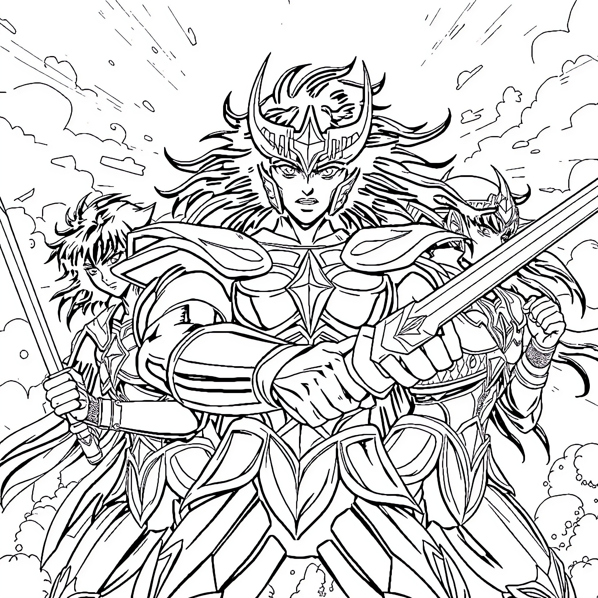 Seint Seiya - Valiant Warrior in Fierce Battle Coloring Page (free black-and-white line drawing printable PDF for all, from beginners to advanced learners, including children, teens, adults, and seniors)