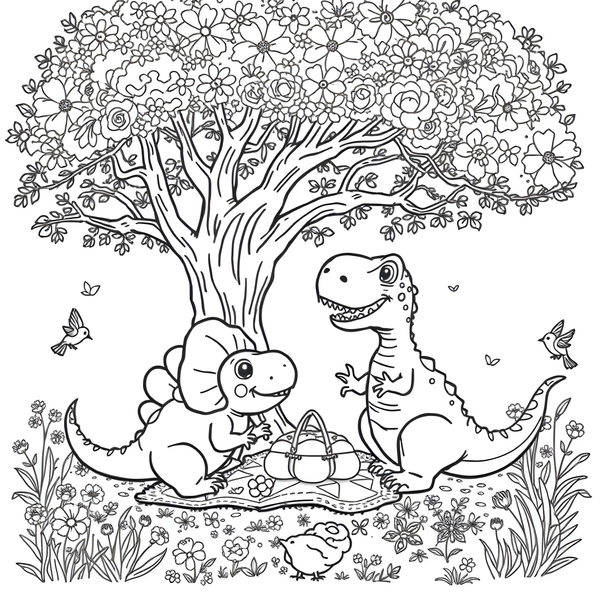 Dinosaur friends playing in a floral garden Coloring Page (free black-and-white line drawing printable PDF for all, from beginners to advanced learners, including children, teens, adults, and seniors)