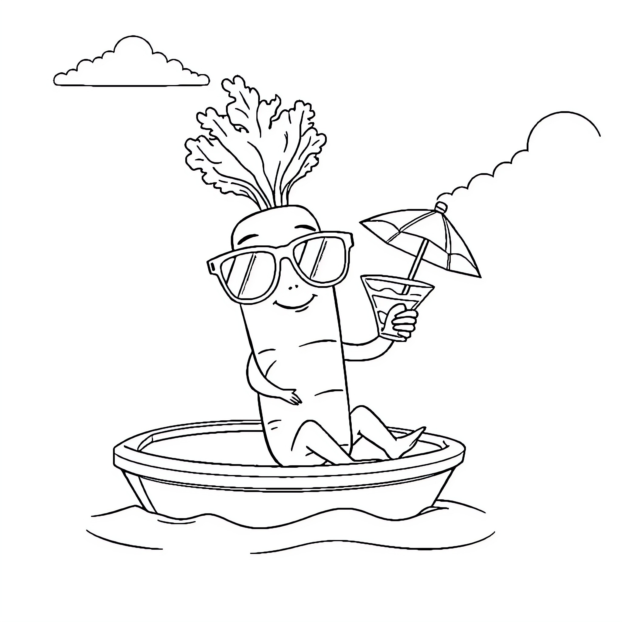 Carrot Enjoying a Relaxing Day at the Beach Coloring Page (free black-and-white line drawing printable PDF for all, from beginners to advanced learners, including children, teens, adults, and seniors)