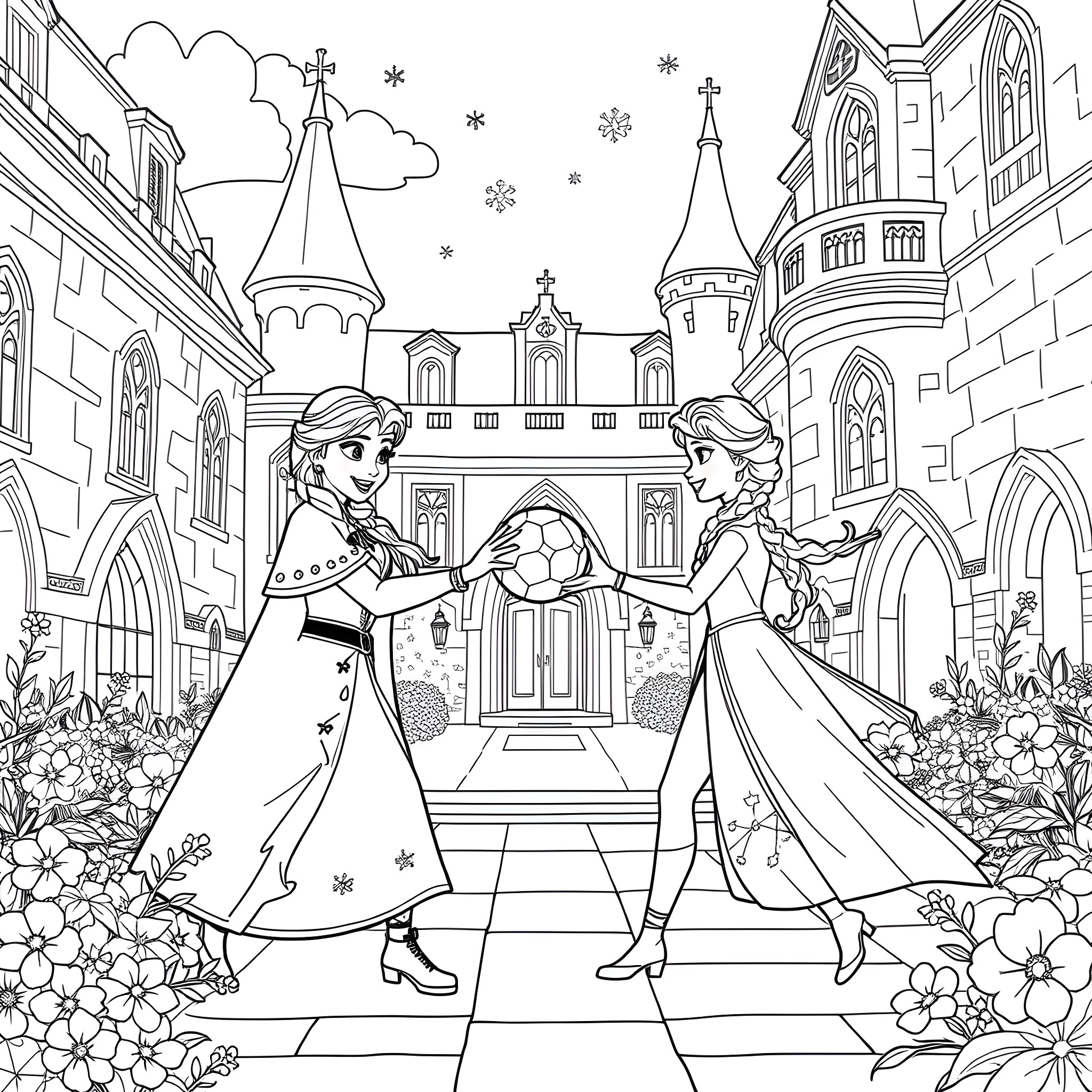 Anna and Elsa holding hands in front of a castle Coloring Page (free black-and-white line drawing printable PDF for all, from beginners to advanced learners, including children, teens, adults, and seniors)