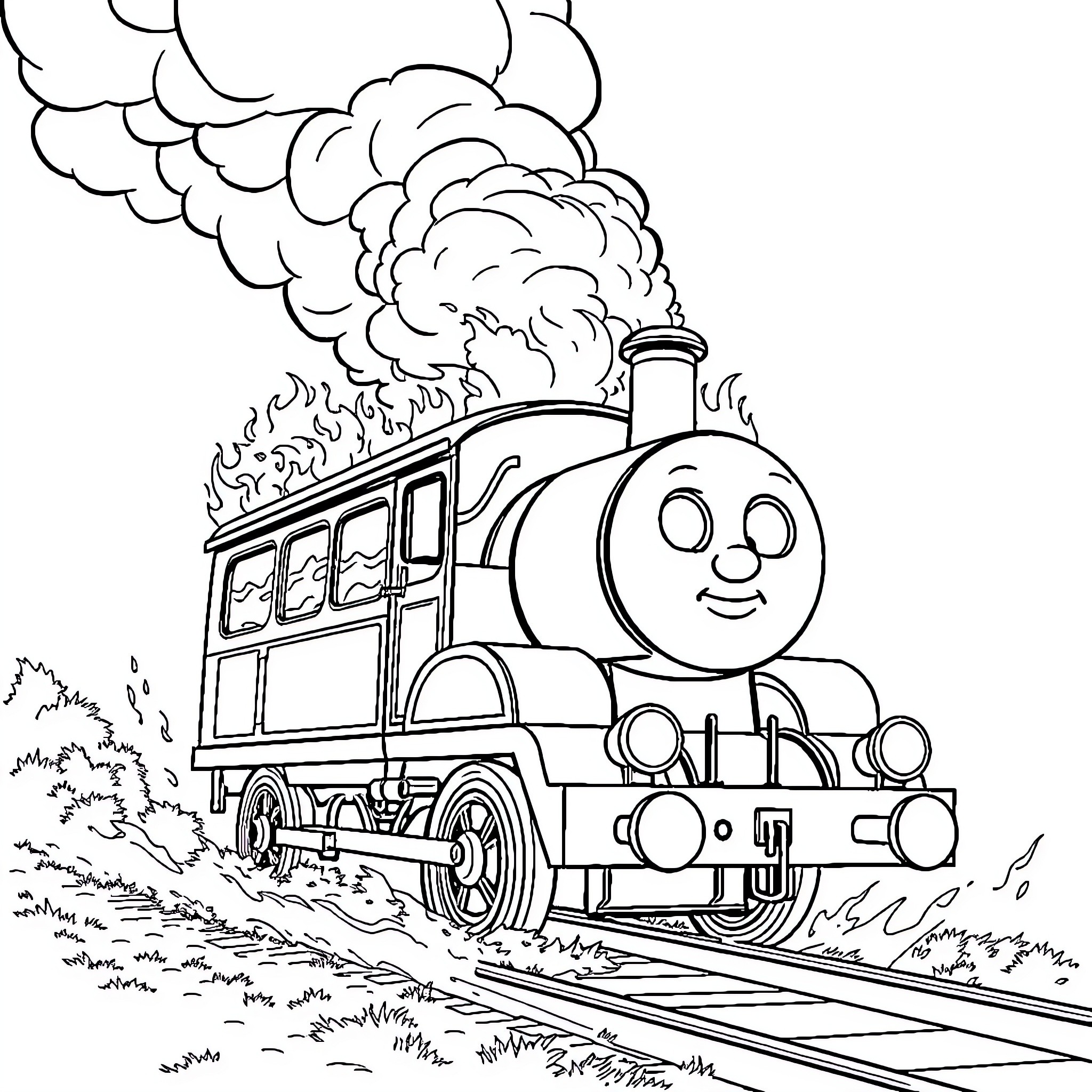 Bus-shaped locomotive engine chugging along the tracks Coloring Page (free black-and-white line drawing printable PDF for all, from beginners to advanced learners, including children, teens, adults, and seniors)