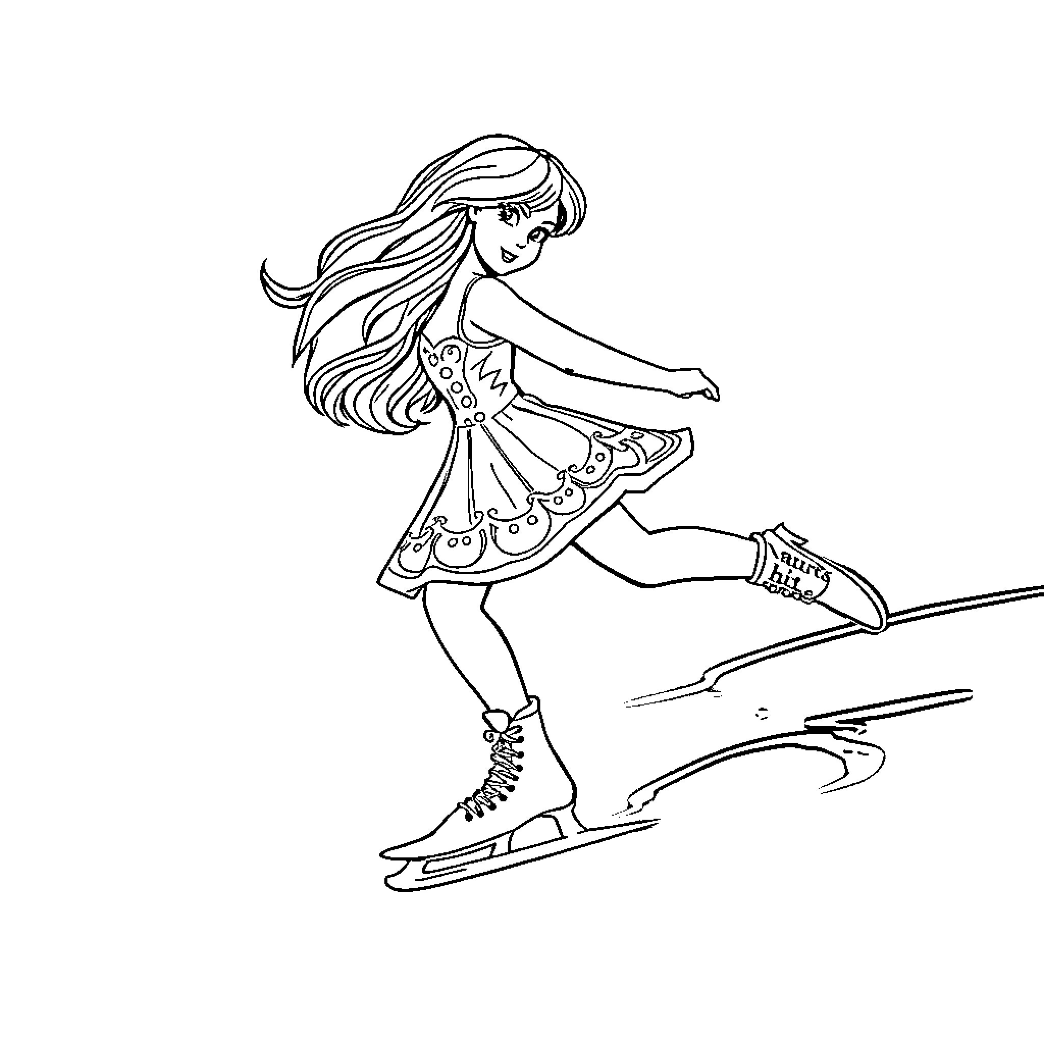 Skater girl in patterned dress gracefully ice skating Coloring Page (free black-and-white line drawing printable PDF for all, from beginners to advanced learners, including children, teens, adults, and seniors)