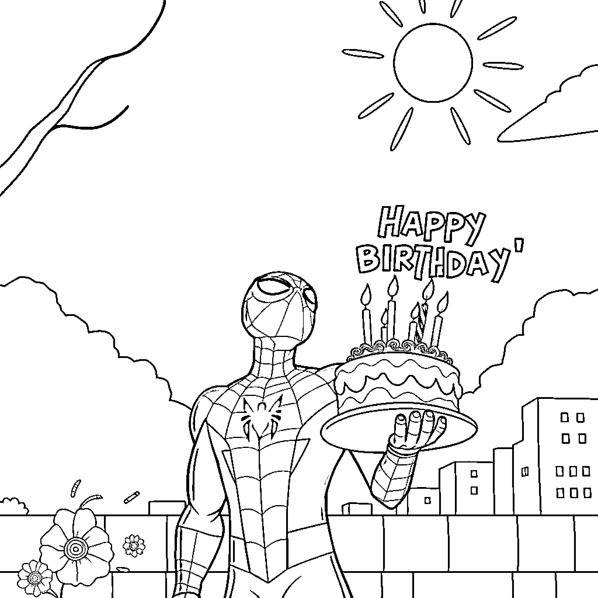 Spiderman celebrating happy birthday in the city Coloring Page (free black-and-white line drawing printable PDF for all, from beginners to advanced learners, including children, teens, adults, and seniors)