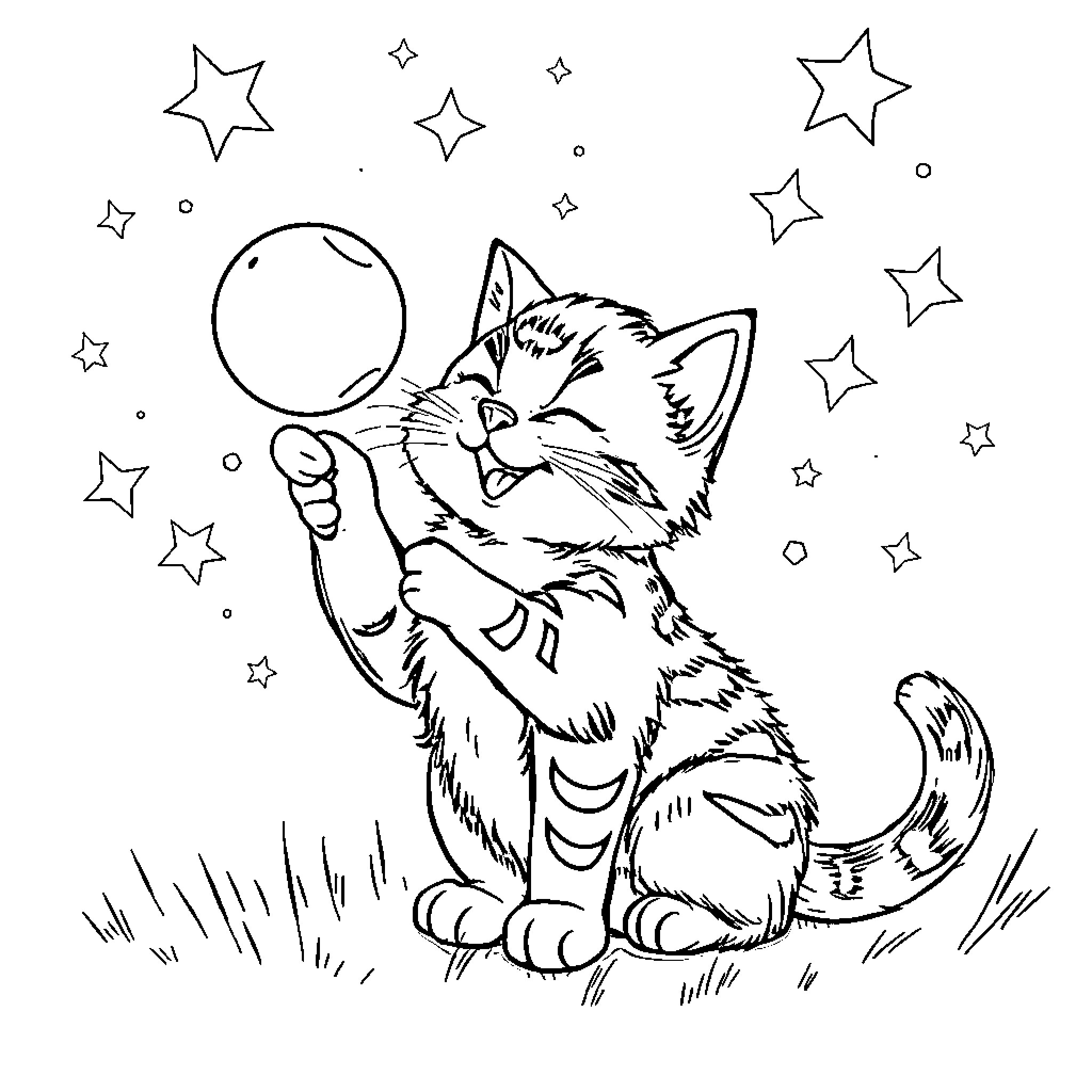 Chat with playful kitten under starry sky Coloring Page (free black-and-white line drawing printable PDF for all, from beginners to advanced learners, including children, teens, adults, and seniors)