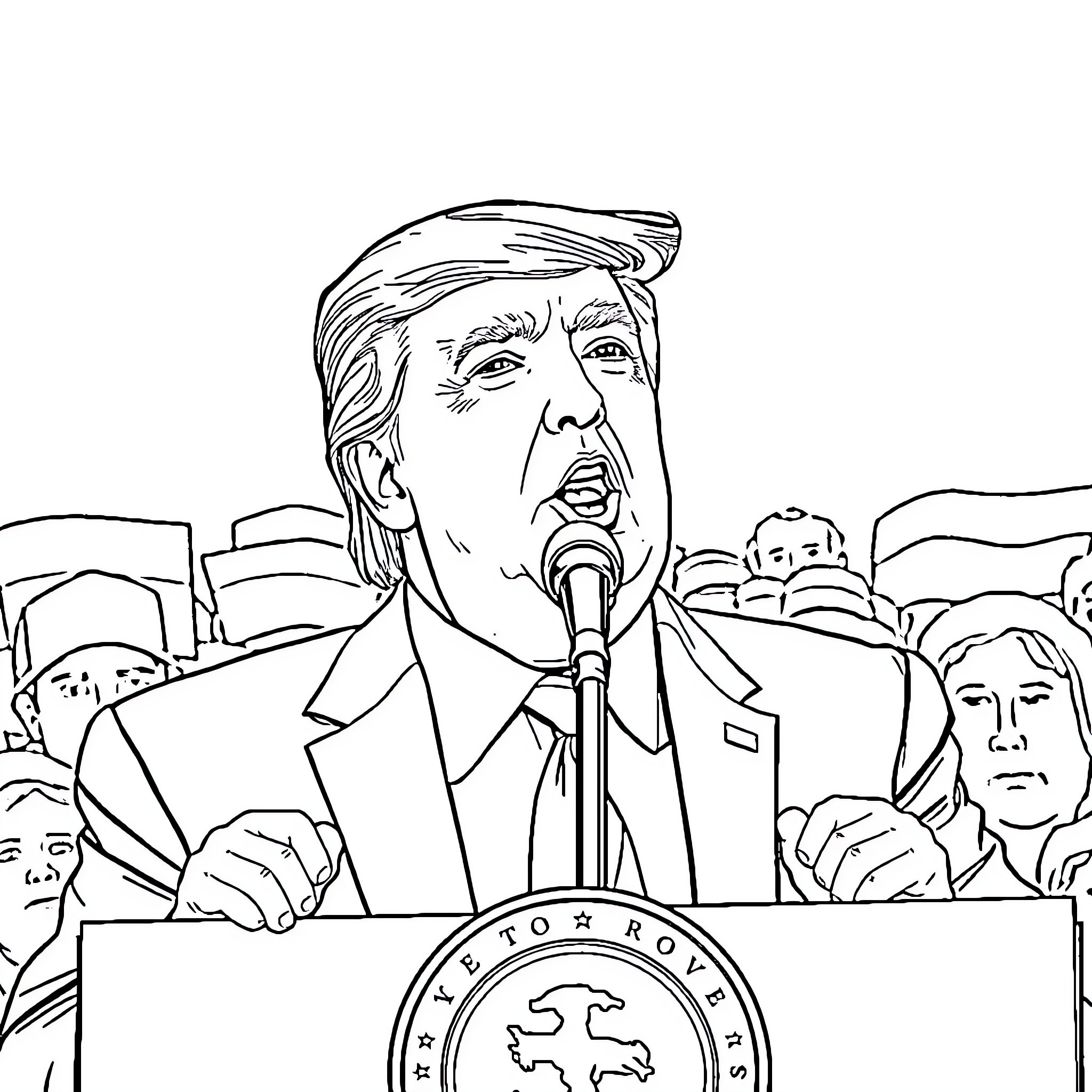 Trump Delivering Passionate Speech to Supporters Coloring Page (free black-and-white line drawing printable PDF for all, from beginners to advanced learners, including children, teens, adults, and seniors)