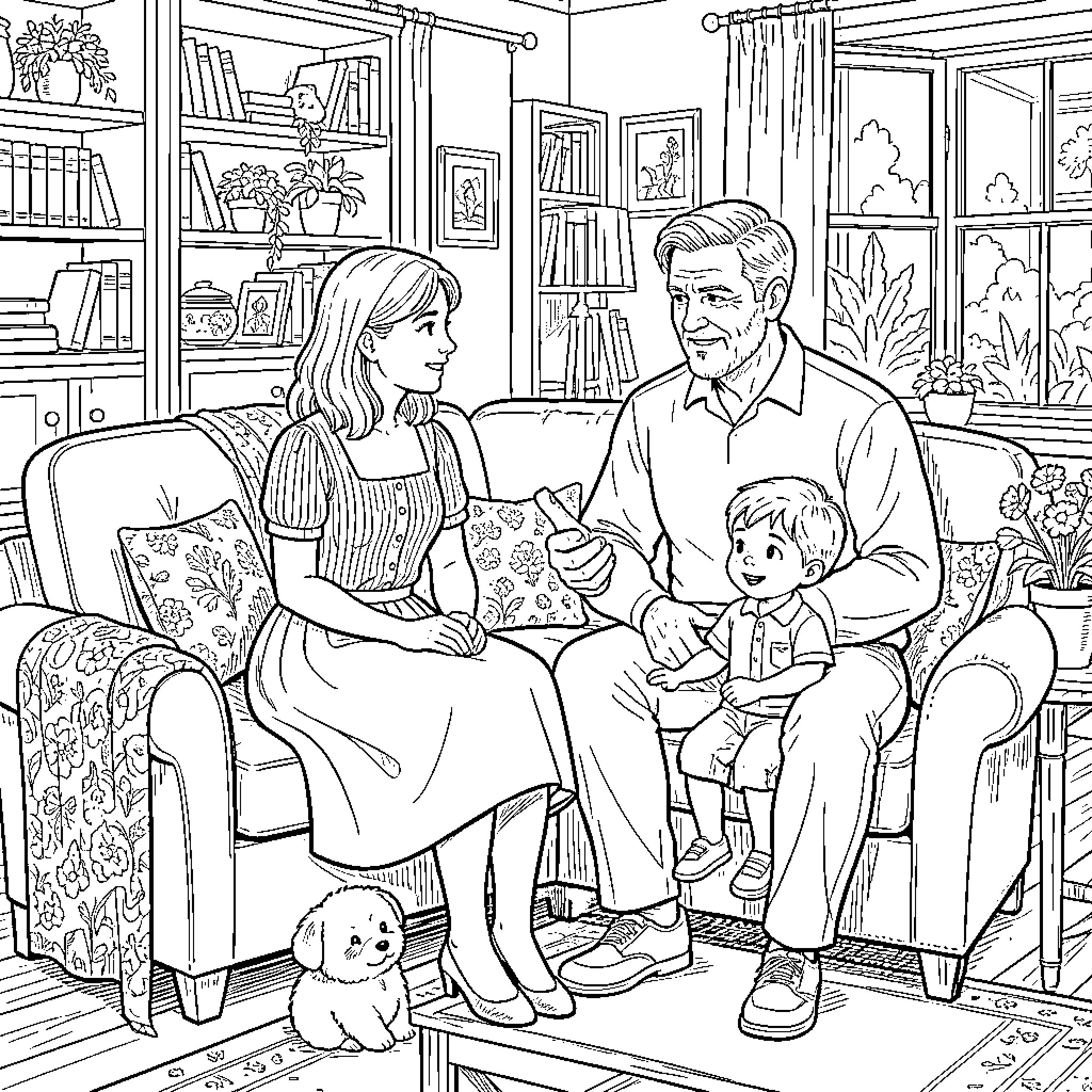 Anne enjoying a cozy family moment on the sofa Coloring Page (free black-and-white line drawing printable PDF for all, from beginners to advanced learners, including children, teens, adults, and seniors)