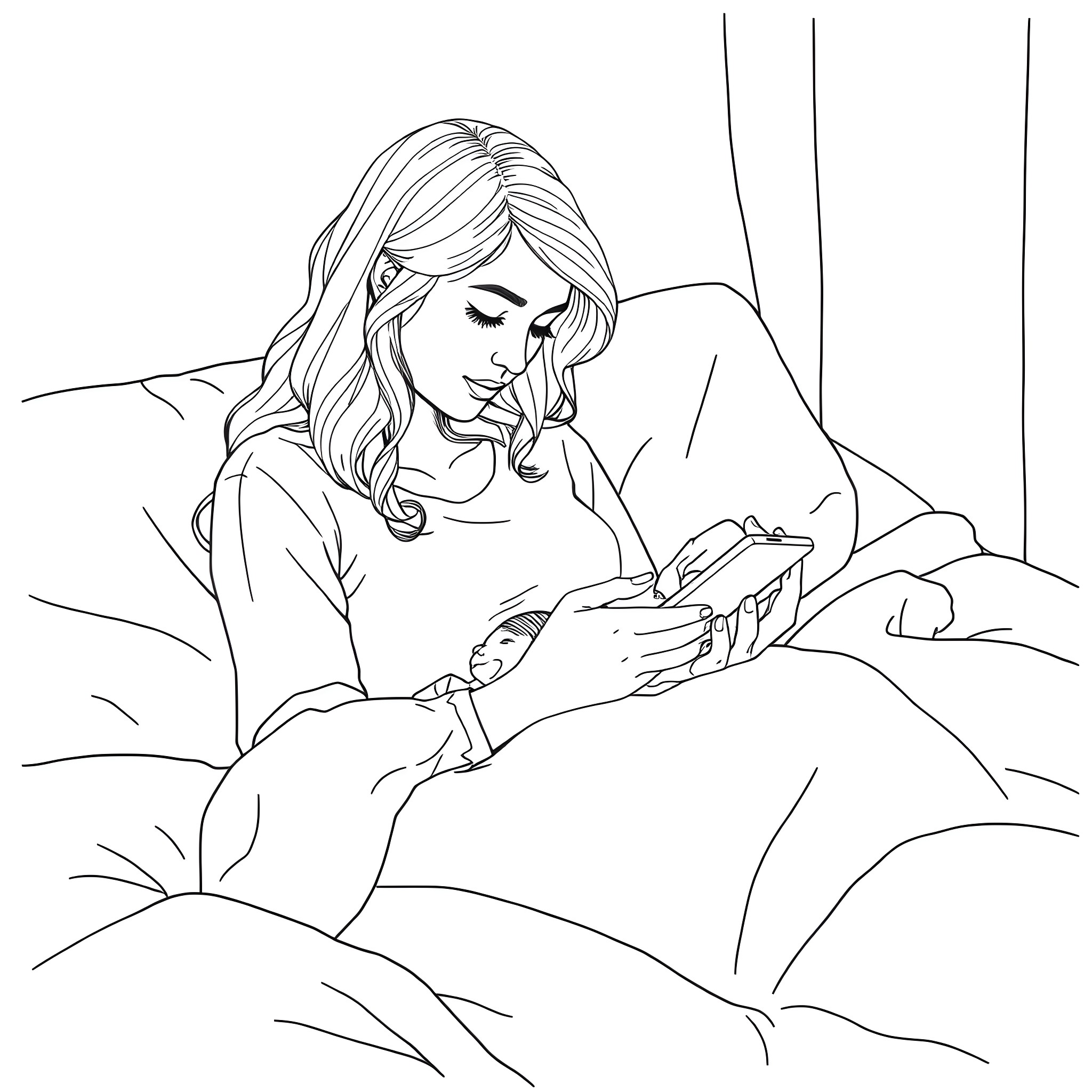 Wife reading a book in bed Coloring Page (free black-and-white line drawing printable PDF for all, from beginners to advanced learners, including children, teens, adults, and seniors)